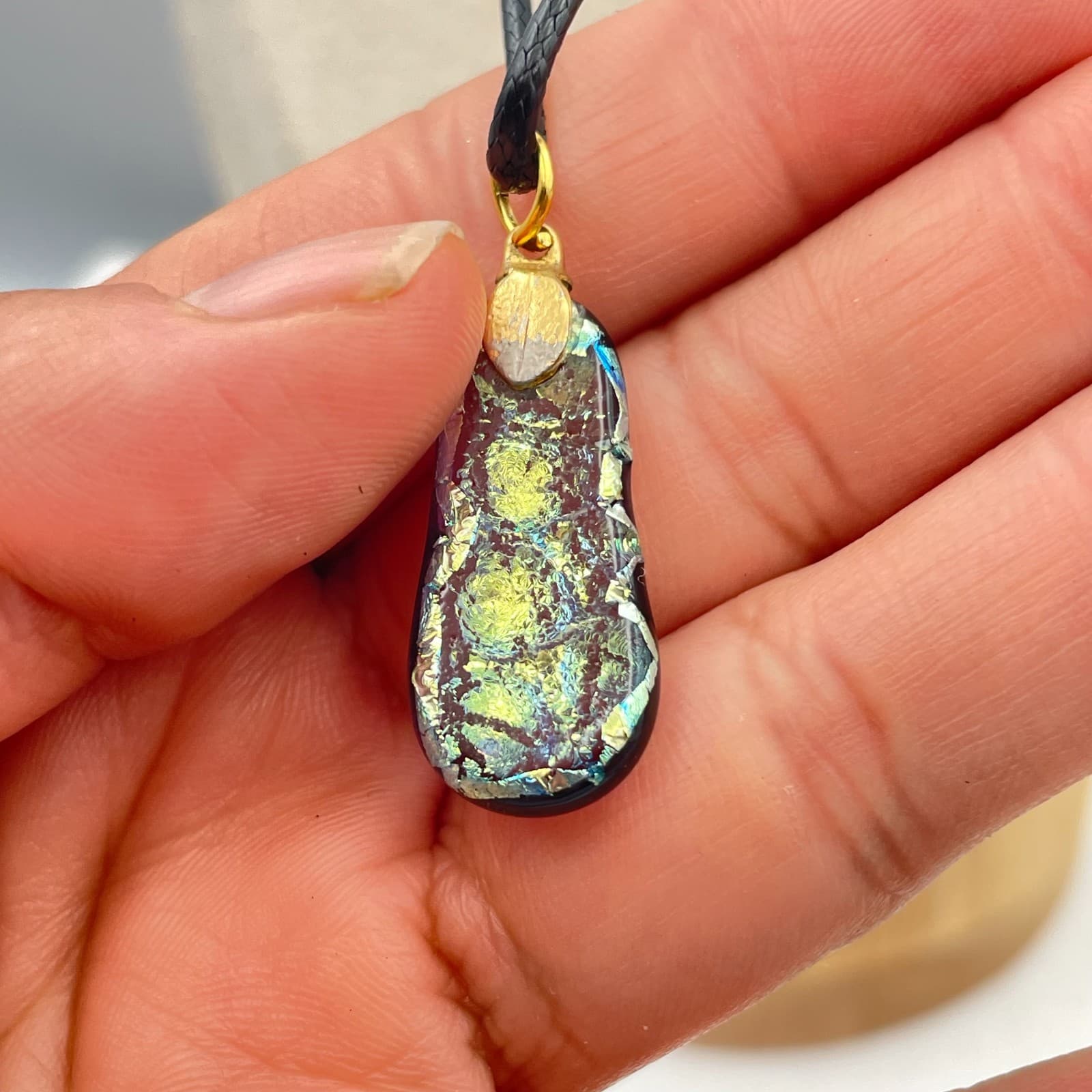 Vintage 90s Dichroic Glass Pendant Necklace Gold Foil Art Glass Cord Jewelry - Thumbnail 6