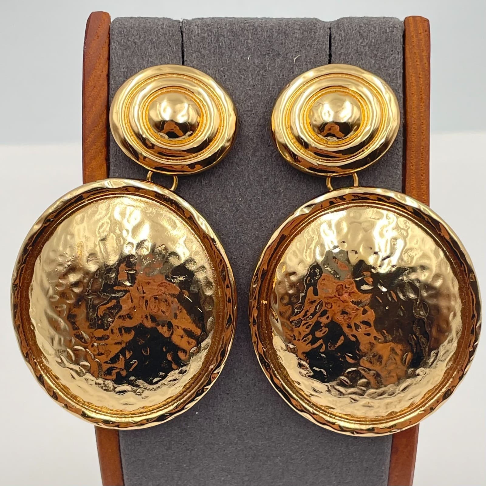 Vintage 90s 8 Other Reasons Gold Hammered Oval Drop Earrings Large Statement - Thumbnail 6