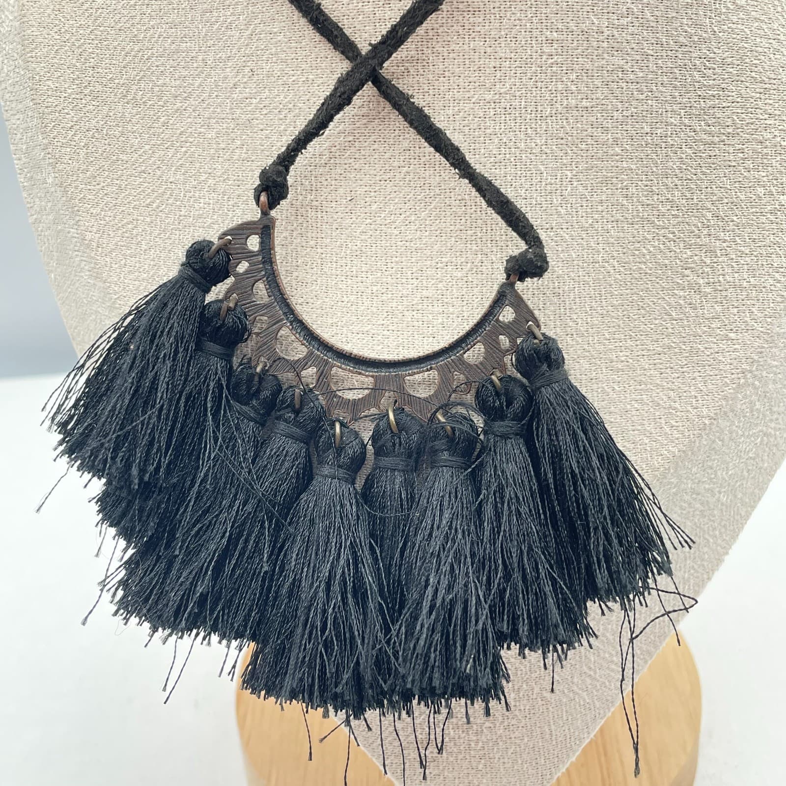 Vintage 90s Black Tassel Bib Necklace Copper Tone Statement Fringe Cord Boho - Thumbnail 7