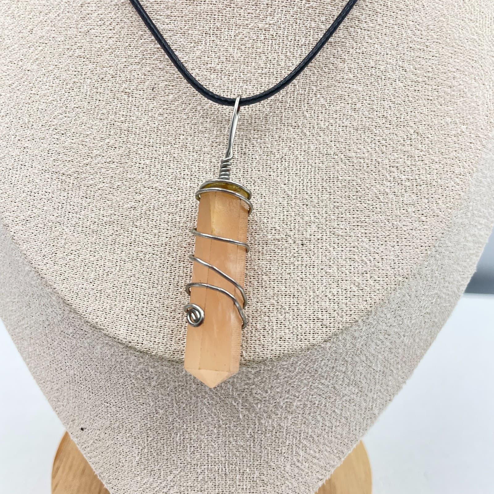 Vintage 90s Peach Glass Point Pendant Wire Wrapped Necklace Black Cord Jewelry - Thumbnail 5