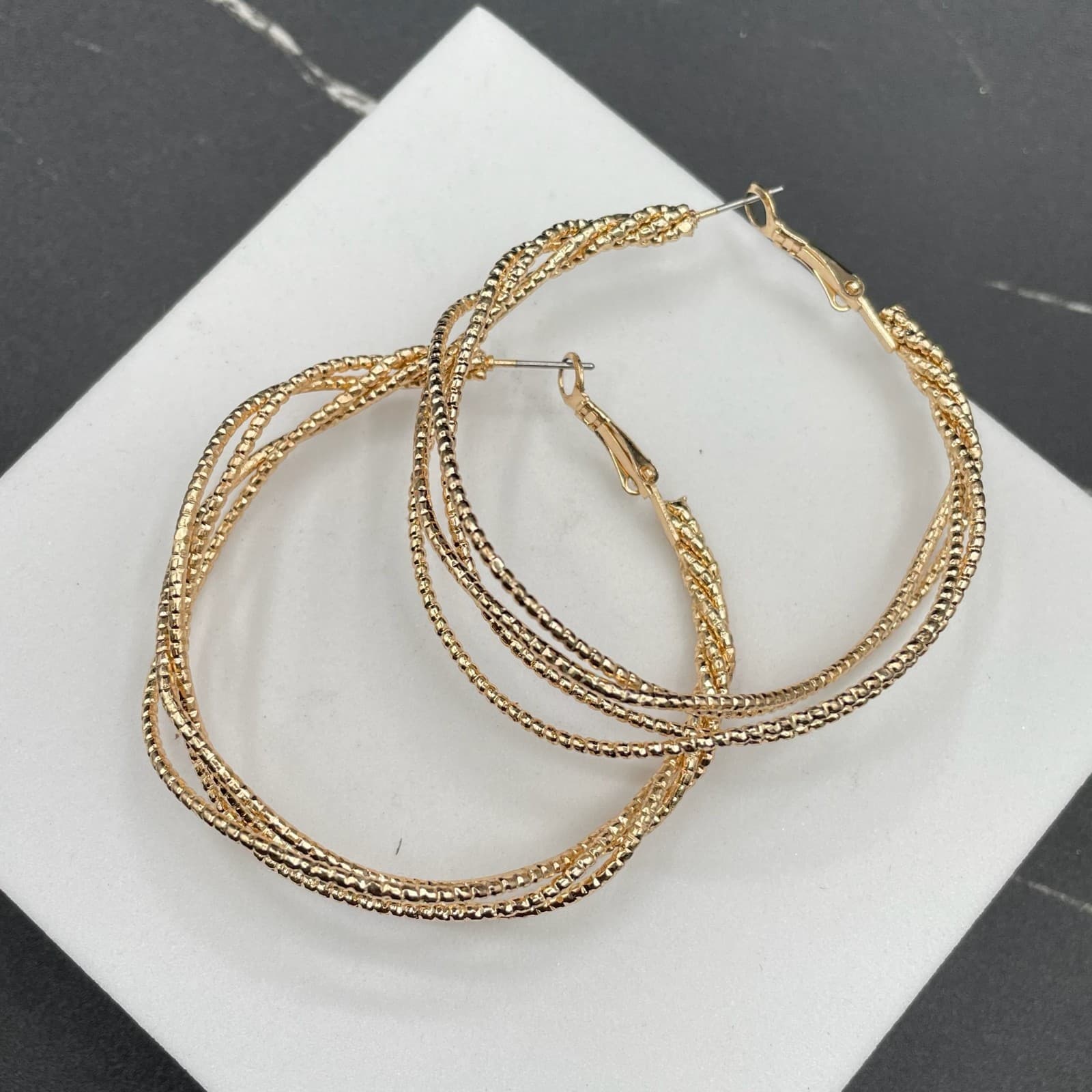 Contemporary Gold-Tone Textured Coral Snake Wire Basket Weave Hoop Earrings - Thumbnail 3