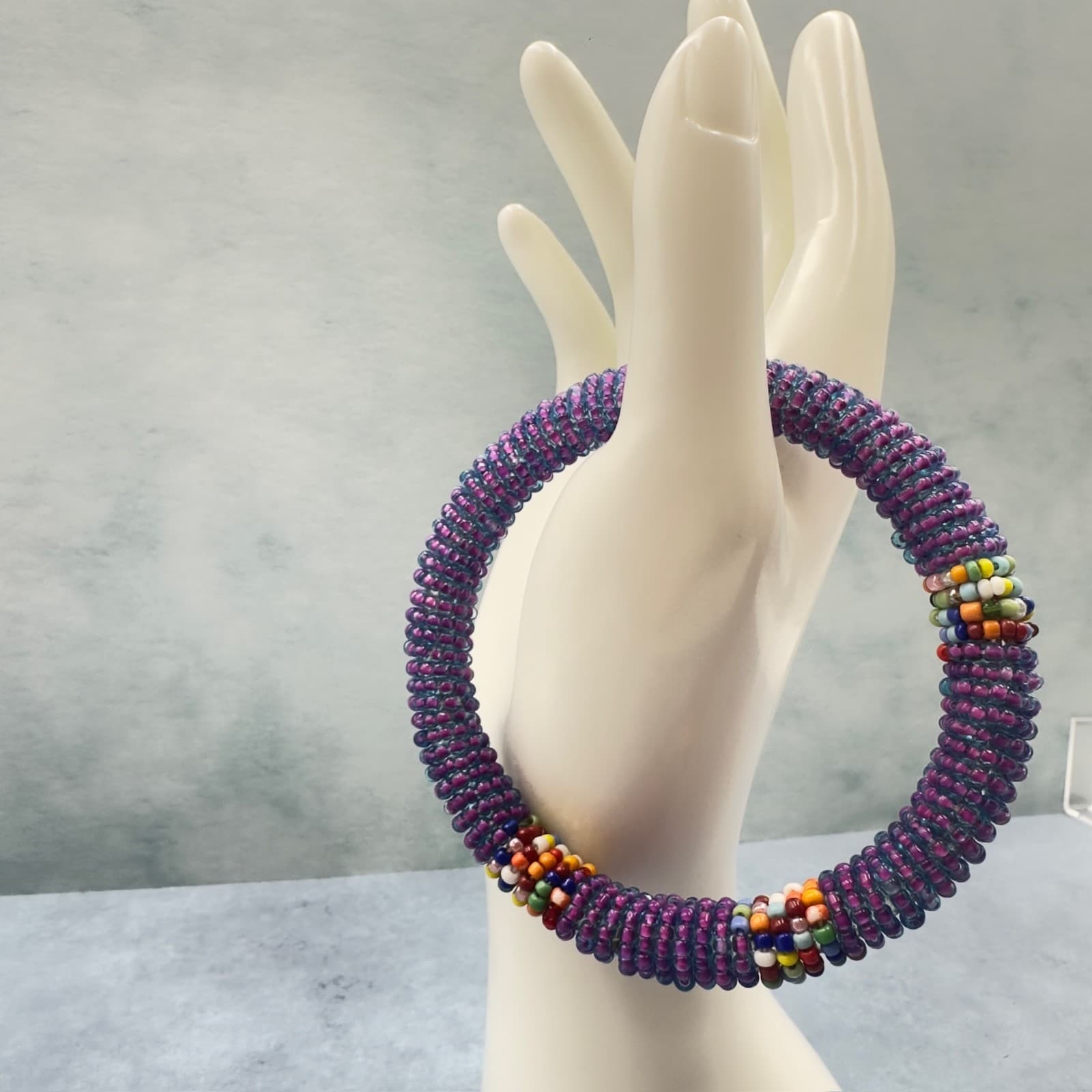Purple Beaded Rope Bracelet w/ Multi-Color Accents Boho Artisan Style - Thumbnail 2