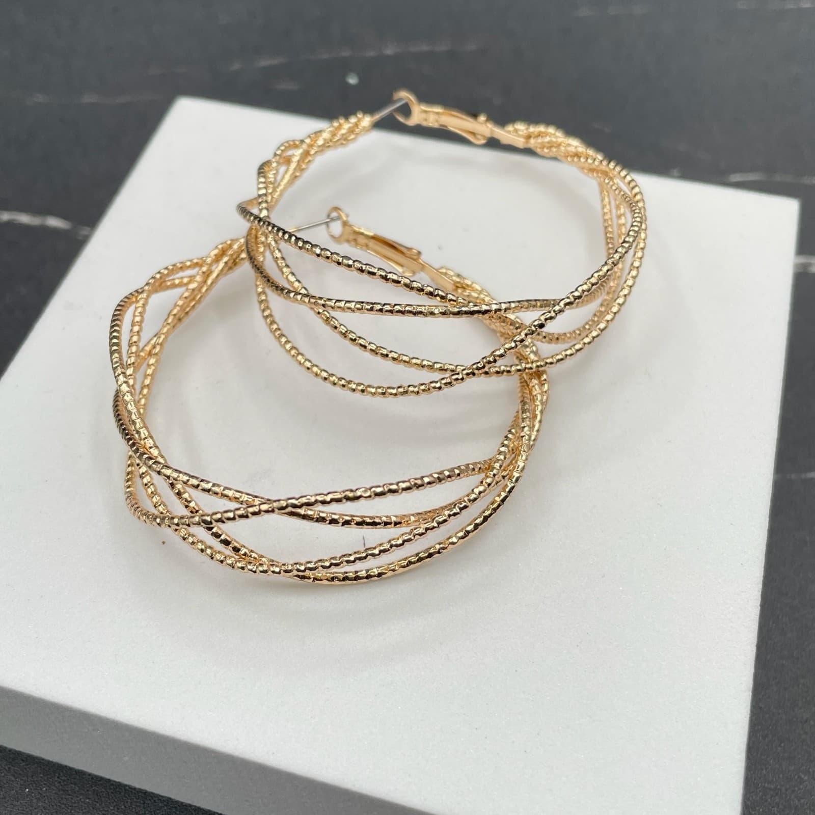 Contemporary Gold-Tone Textured Coral Snake Wire Basket Weave Hoop Earrings - Thumbnail 2