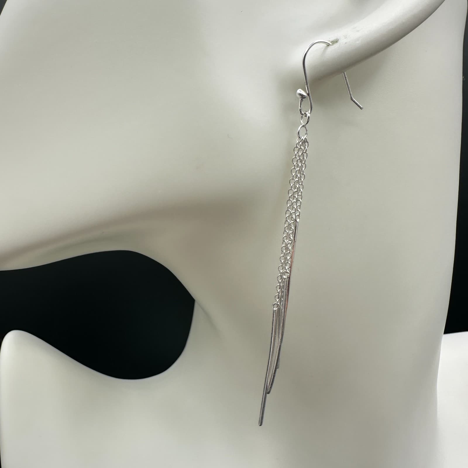 VTG Silver Tone Multi Strand Chain Bar Dangle Earrings Long Drop Modern - Thumbnail 2