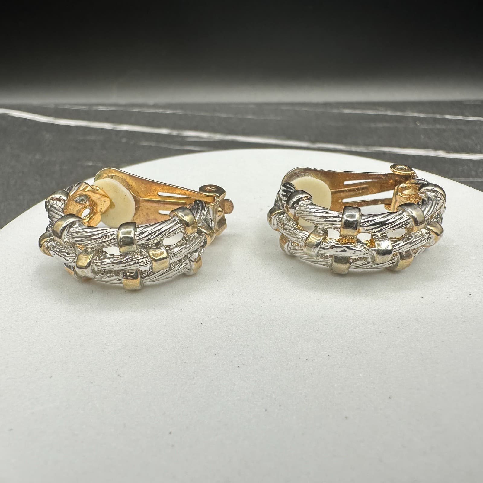 Vintage Two-Tone Gold And Silver Braided Woven Clip-On Hoop Earrings Fashionable - Image 1