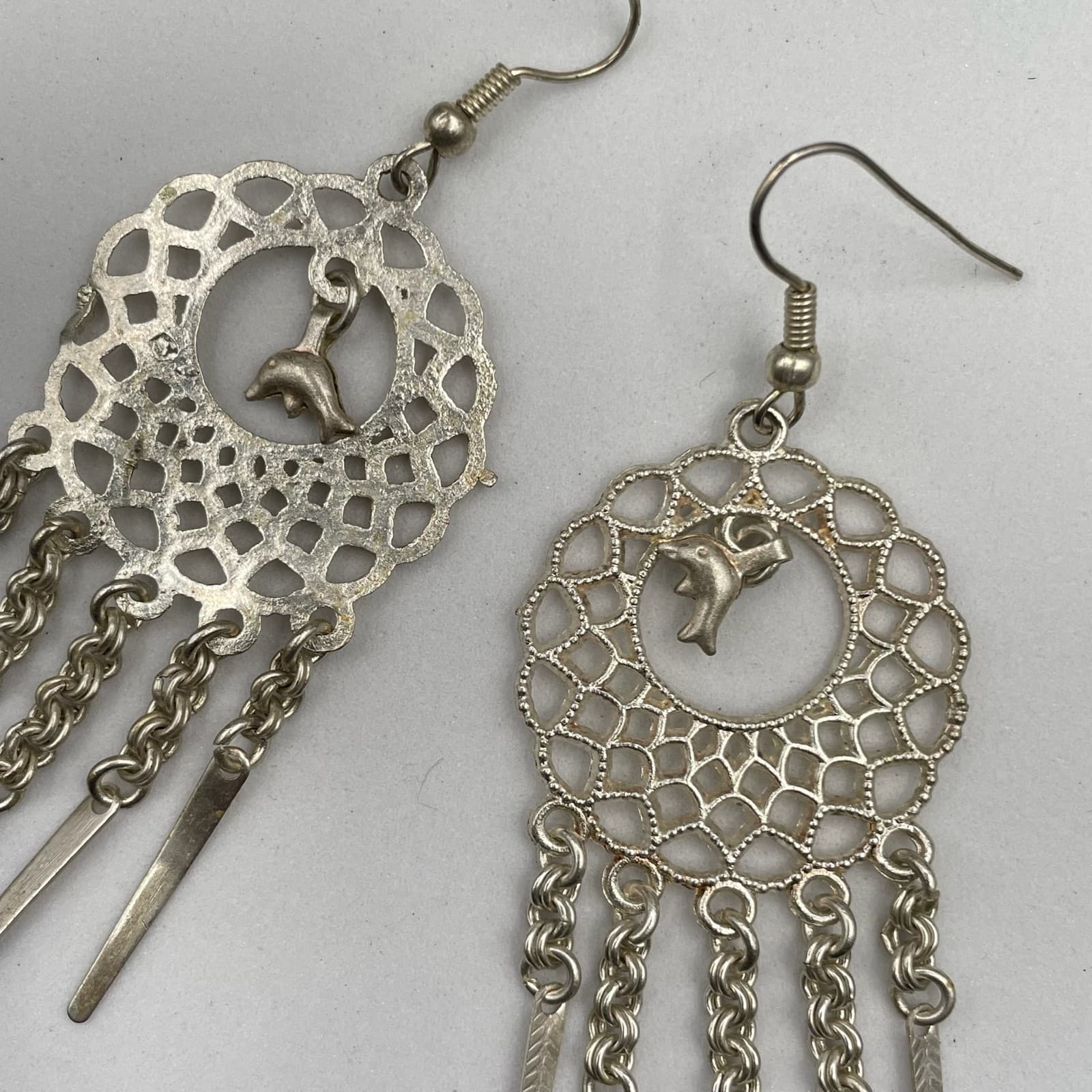 Vintage Silver-Tone Spike Tassel Dolphin Dangle Chandelier French Wire Earrings - Thumbnail 4