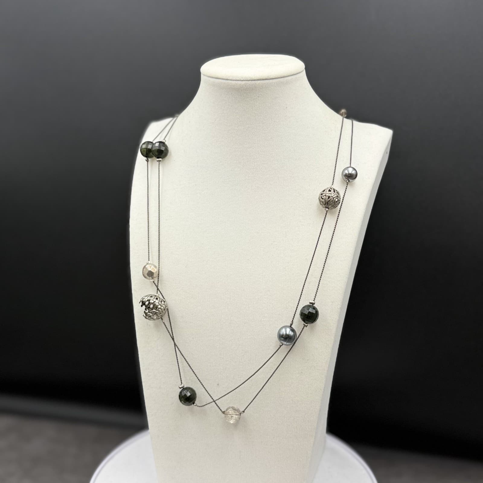 Vintage Silver Multi-Bead Wire Necklace Layered Modernist Statement - Thumbnail 2