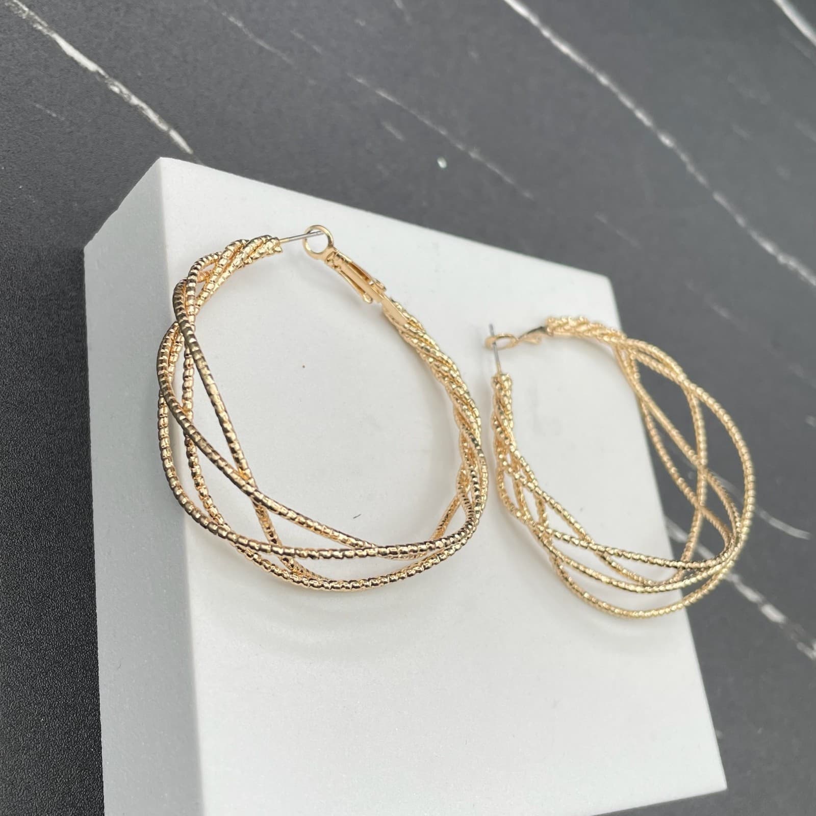 Contemporary Gold-Tone Textured Coral Snake Wire Basket Weave Hoop Earrings - Thumbnail 6