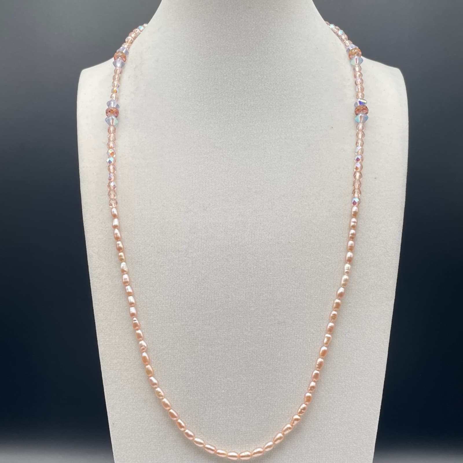 Vintage Blush Pink Baroque Pearl Necklace Glass Faceted Crystal Long Strand - Thumbnail 5