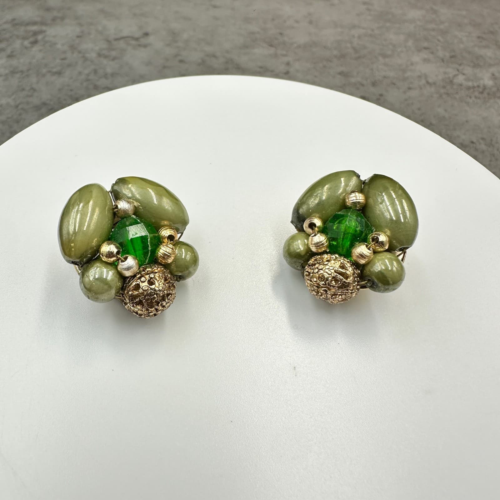 Vintage Hong Kong Green Bead Cluster Gold-Tone Clip-On Earrings - Image 1