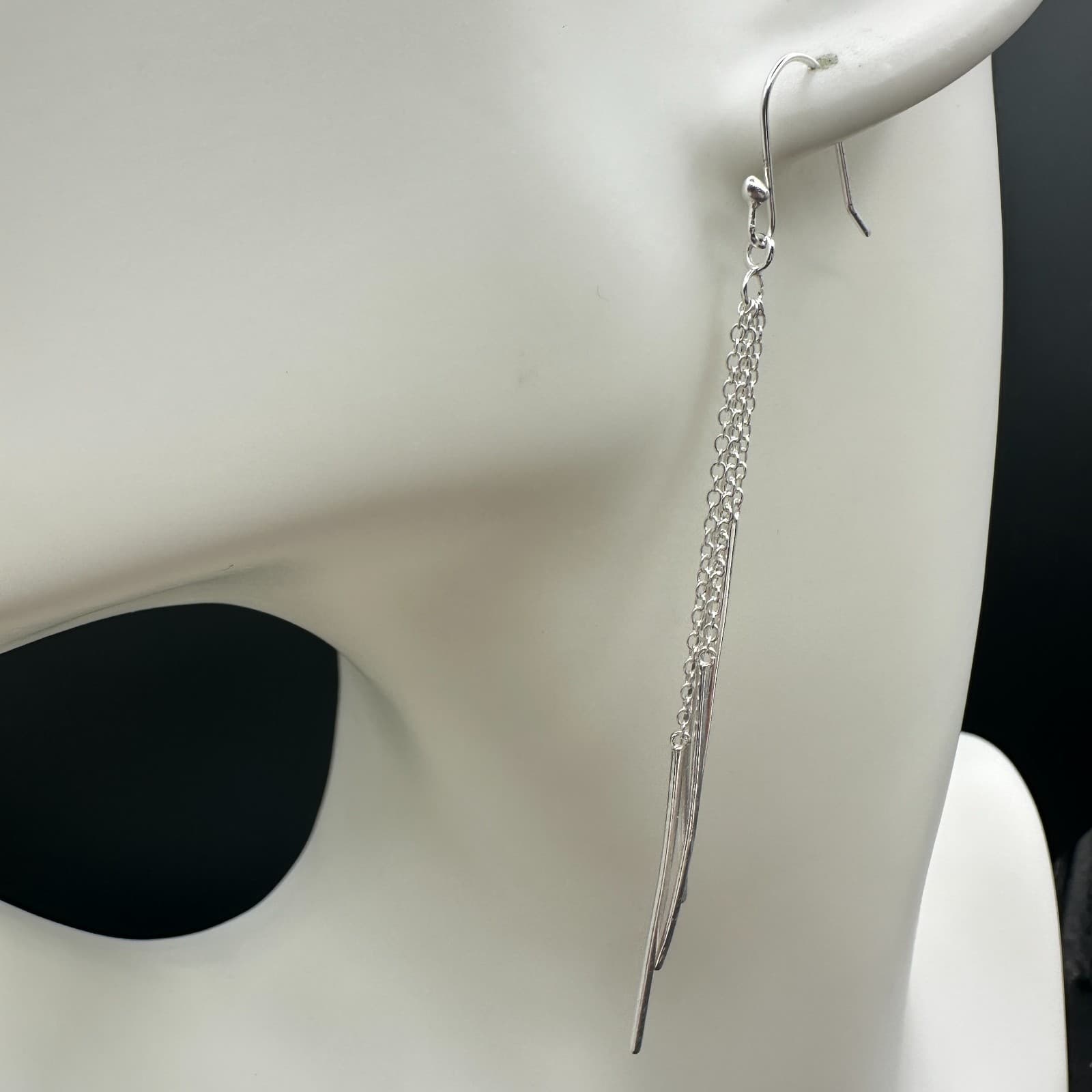 VTG Silver Tone Multi Strand Chain Bar Dangle Earrings Long Drop Modern - Thumbnail 3