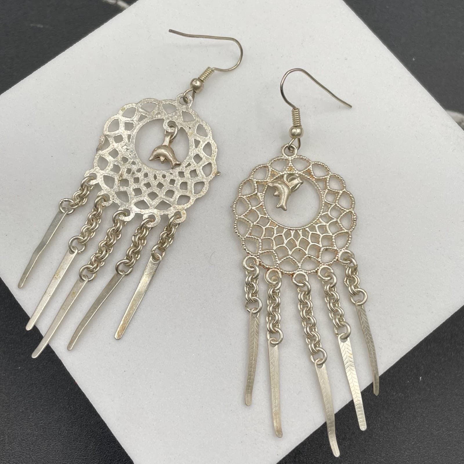 Vintage Silver-Tone Spike Tassel Dolphin Dangle Chandelier French Wire Earrings - Thumbnail 2