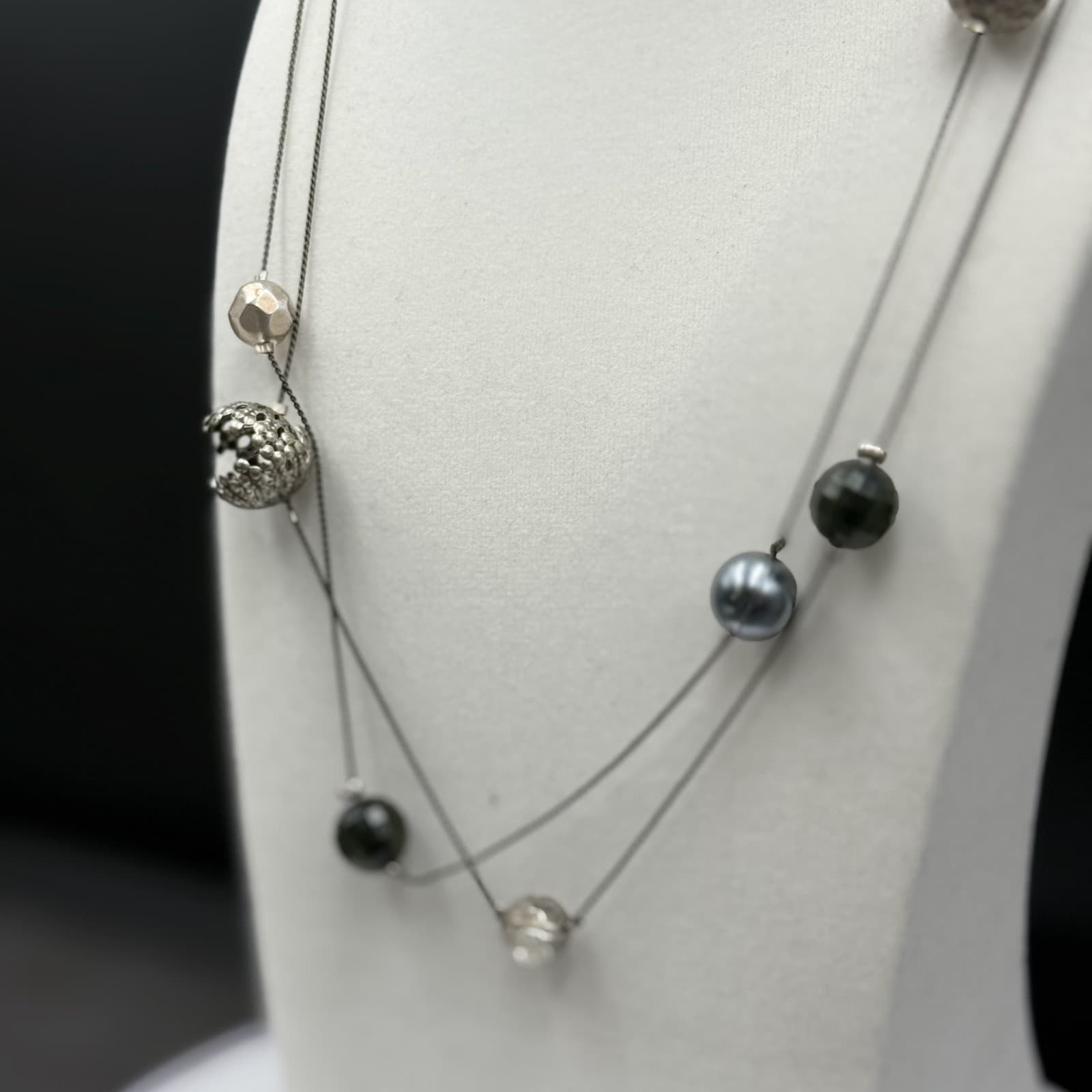 Vintage Silver Multi-Bead Wire Necklace Layered Modernist Statement - Thumbnail 7