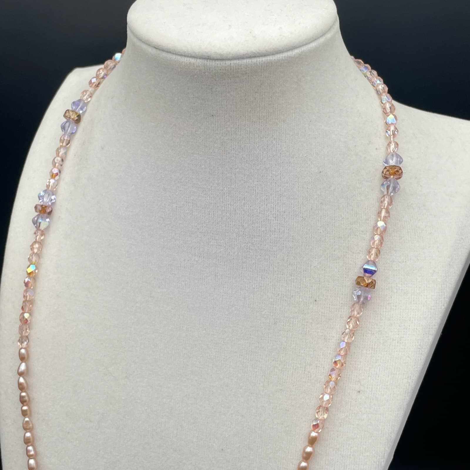 Vintage Blush Pink Baroque Pearl Necklace Glass Faceted Crystal Long Strand - Thumbnail 6