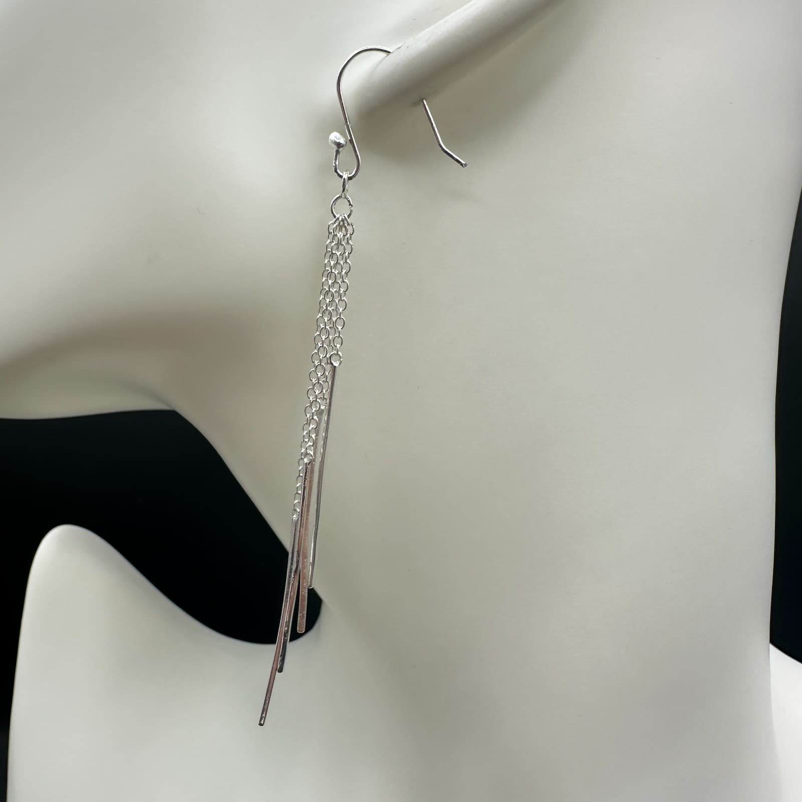 VTG Silver Tone Multi Strand Chain Bar Dangle Earrings Long Drop Modern - Thumbnail 4