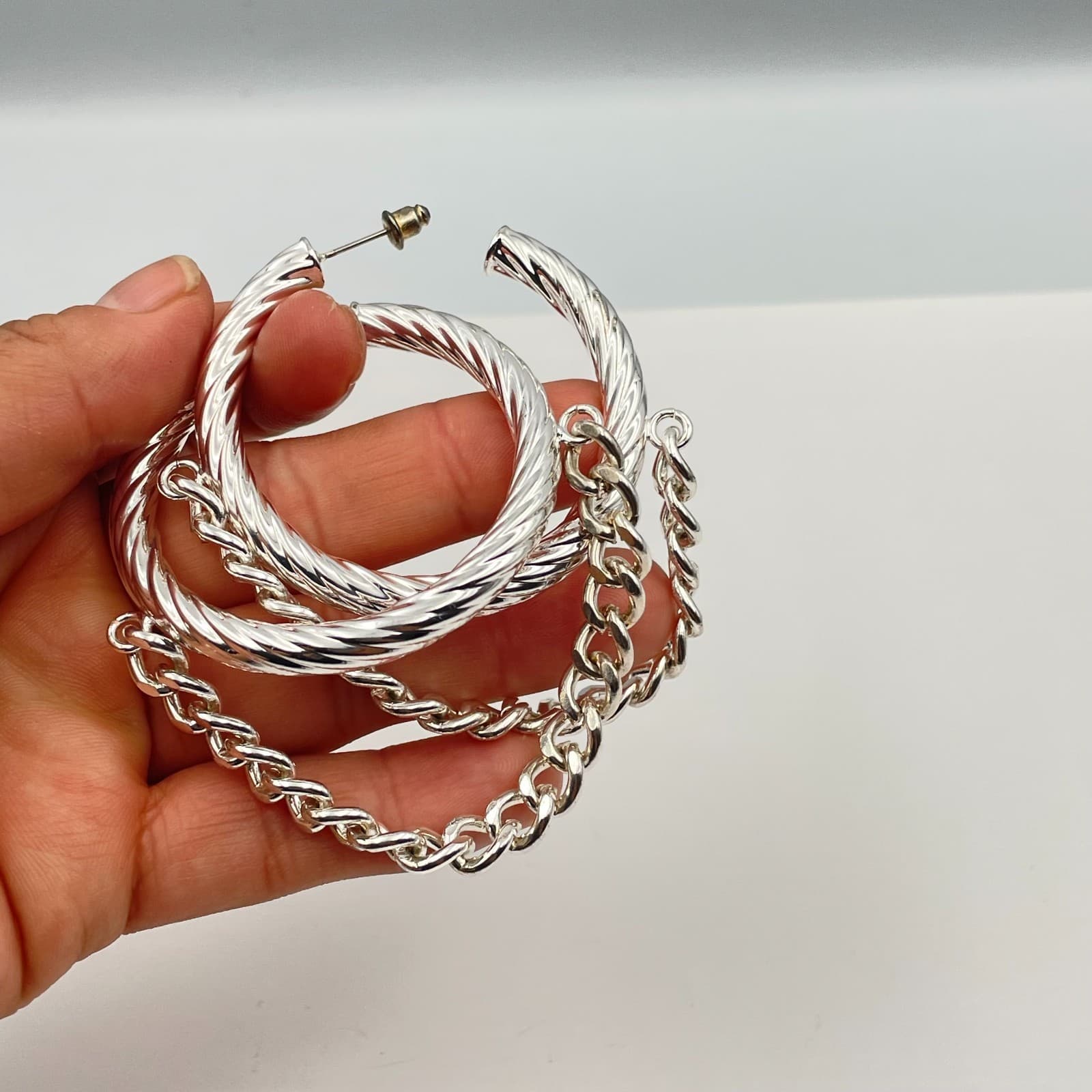 Vintage 80s Silver Tone Twisted Hoop Earrings with Curb Chain Dangle Jewelry - Thumbnail 3