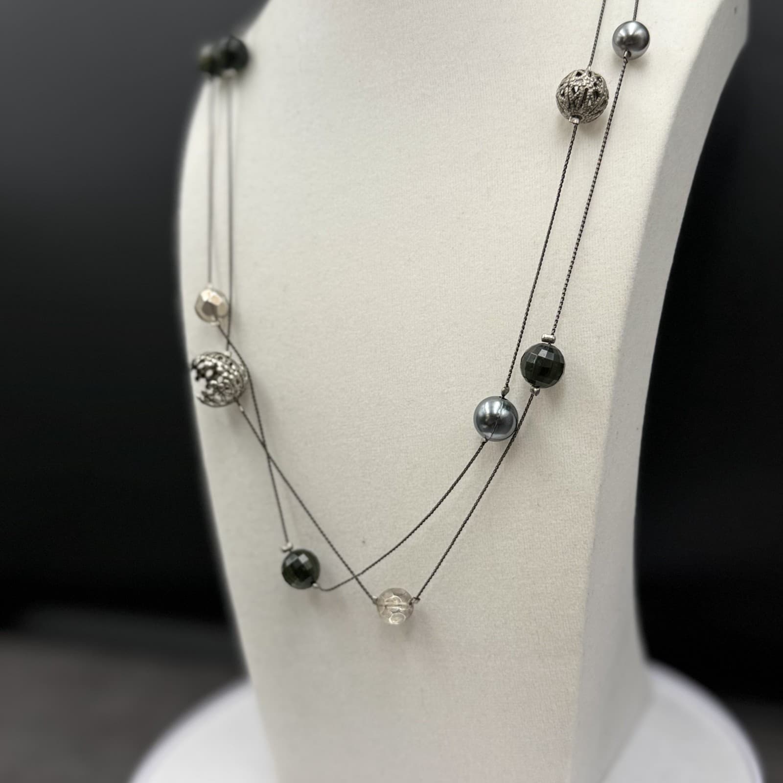 Vintage Silver Multi-Bead Wire Necklace Layered Modernist Statement - Thumbnail 3