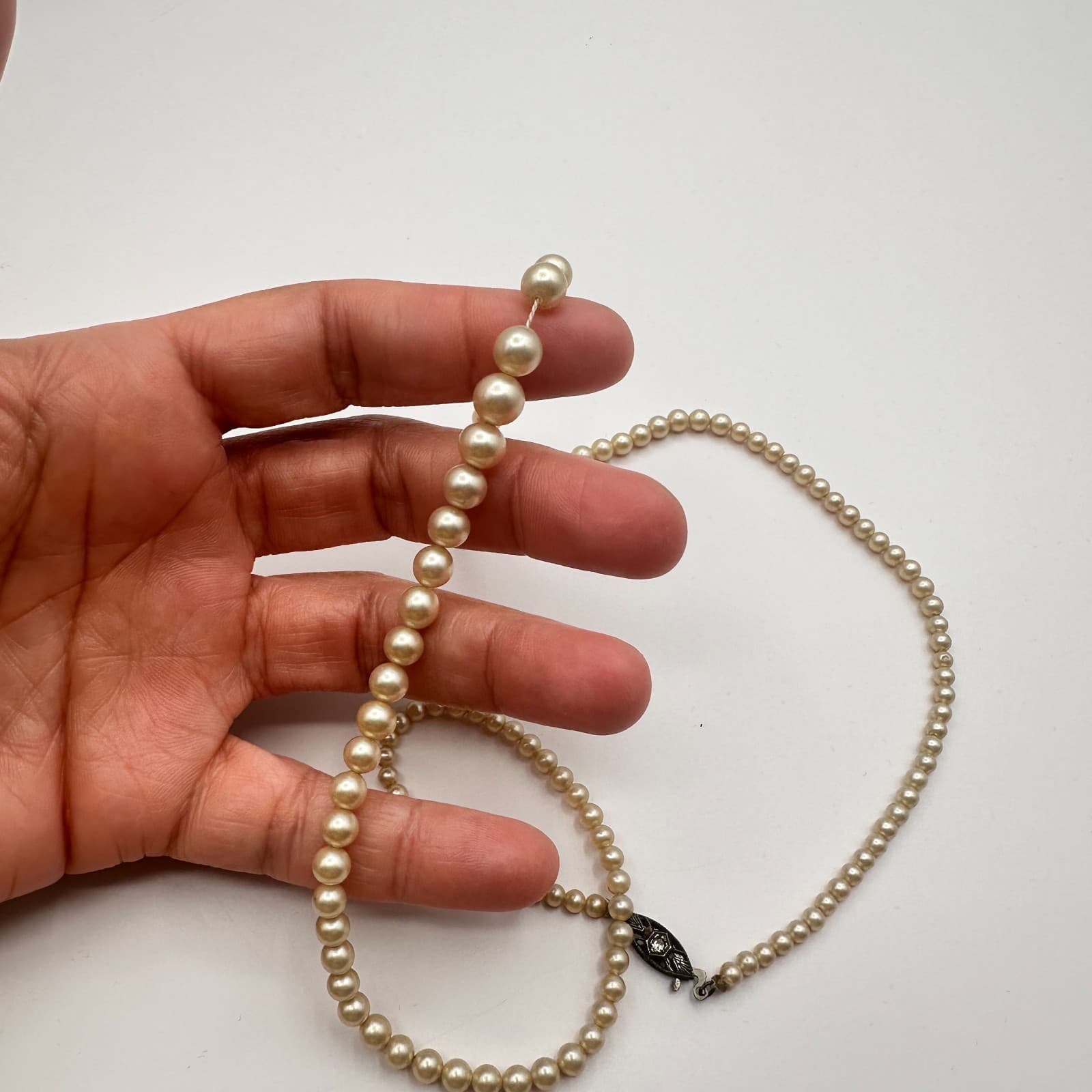 Vintage 50s Mid-Century Cream Pearl Necklace Graduated Art Deco Fashion Jewelry - Thumbnail 6