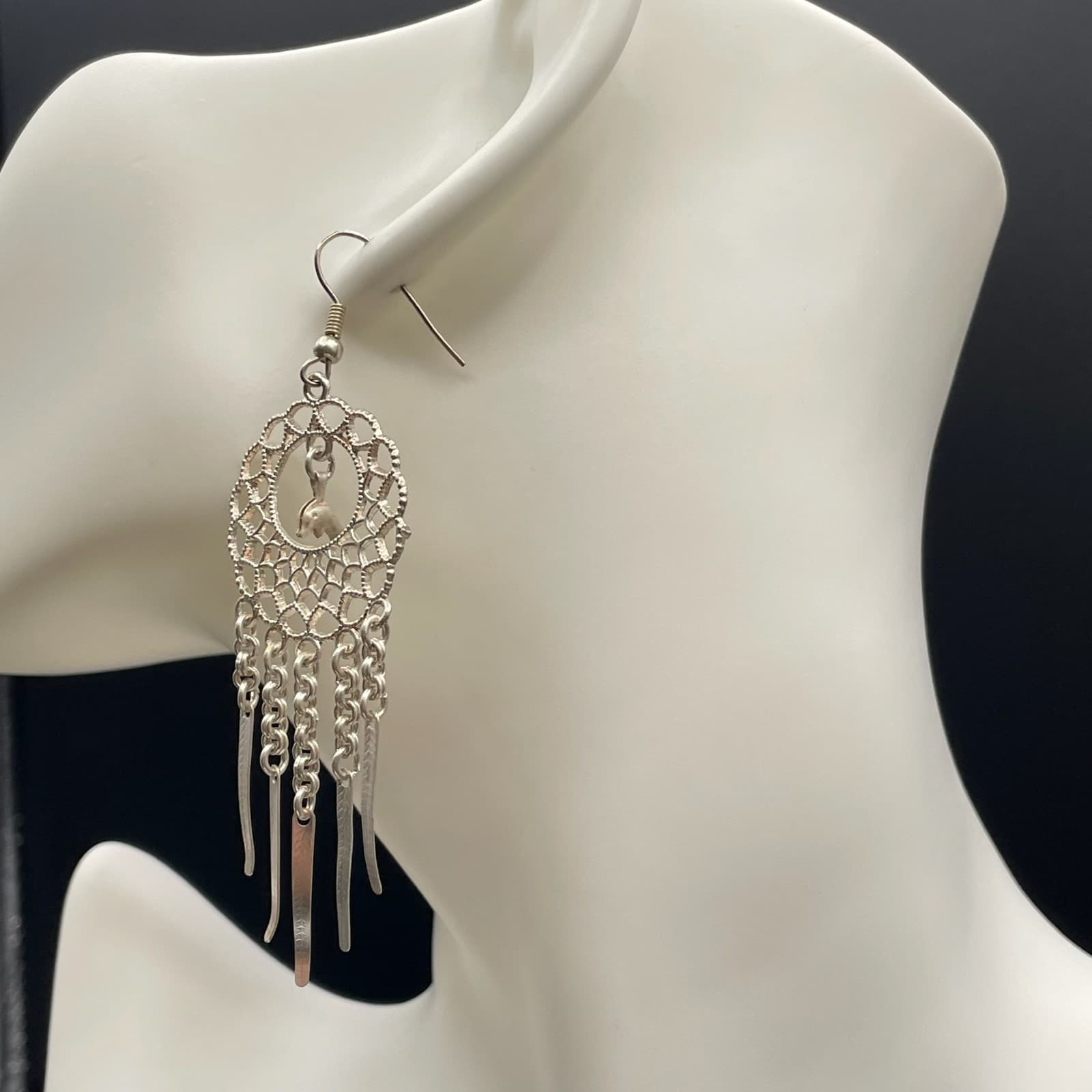 Vintage Silver-Tone Spike Tassel Dolphin Dangle Chandelier French Wire Earrings - Thumbnail 8