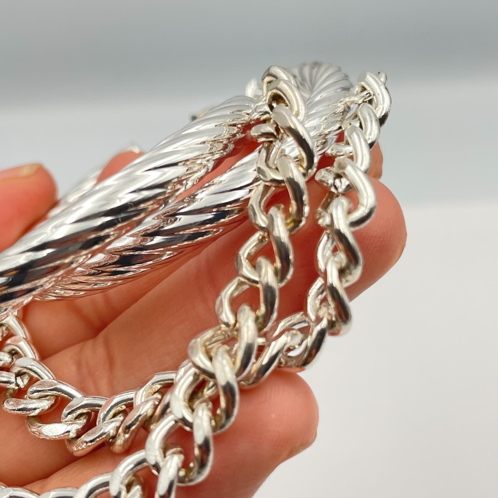 Vintage 80s Silver Tone Twisted Hoop Earrings with Curb Chain Dangle Jewelry - Thumbnail 4