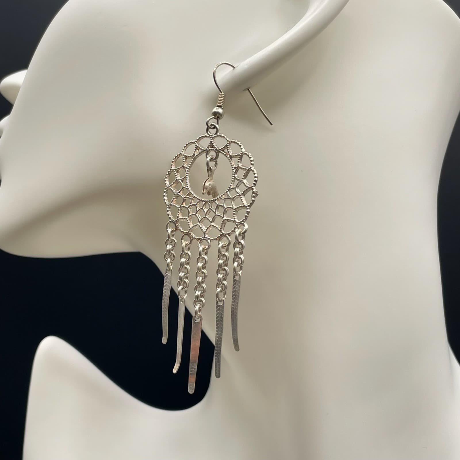 Vintage Silver-Tone Spike Tassel Dolphin Dangle Chandelier French Wire Earrings - Thumbnail 7