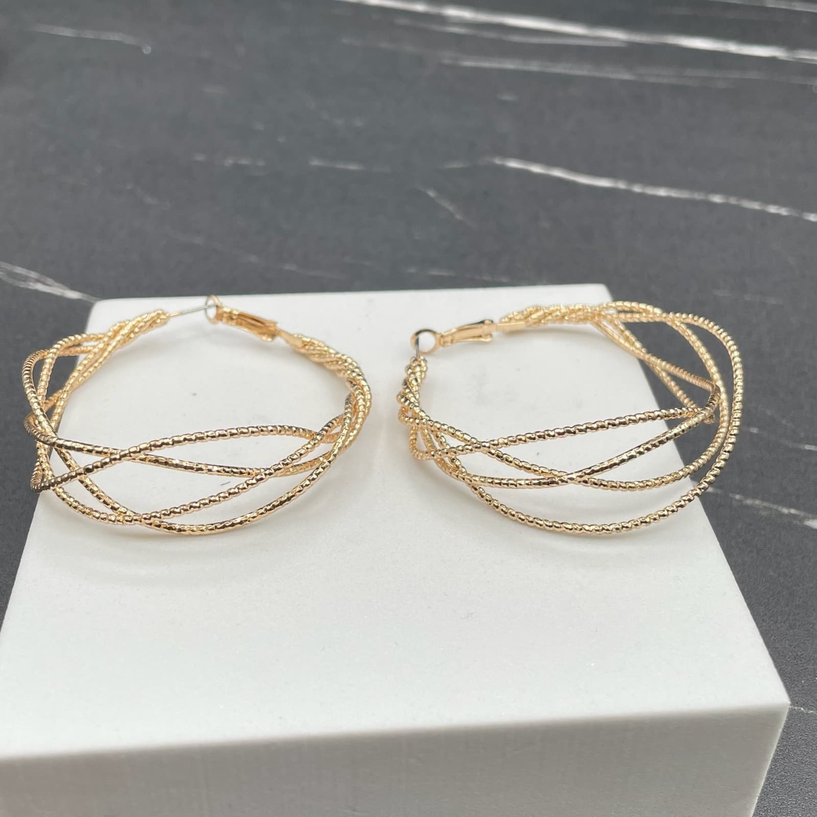 Contemporary Gold-Tone Textured Coral Snake Wire Basket Weave Hoop Earrings - Thumbnail 5