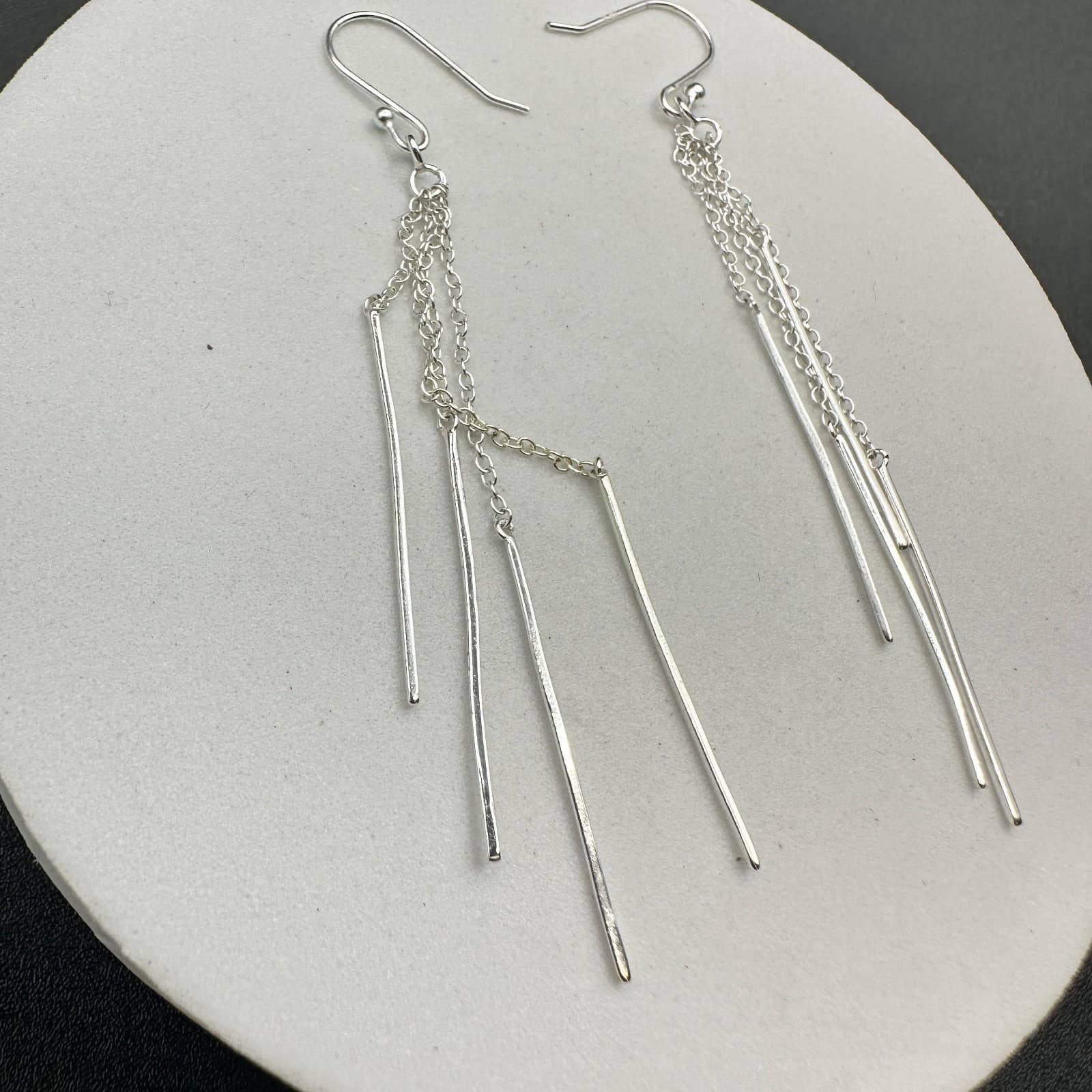 VTG Silver Tone Multi Strand Chain Bar Dangle Earrings Long Drop Modern - Thumbnail 8