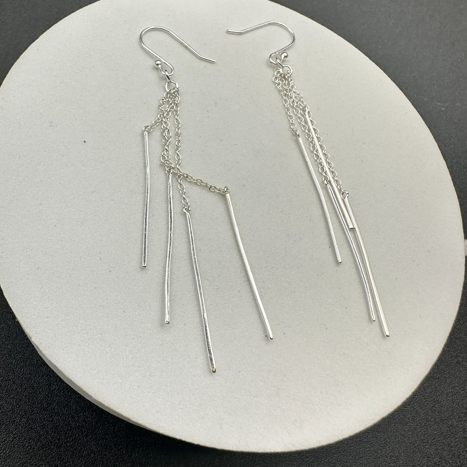 VTG Silver Tone Multi Strand Chain Bar Dangle Earrings Long Drop Modern - Thumbnail 7