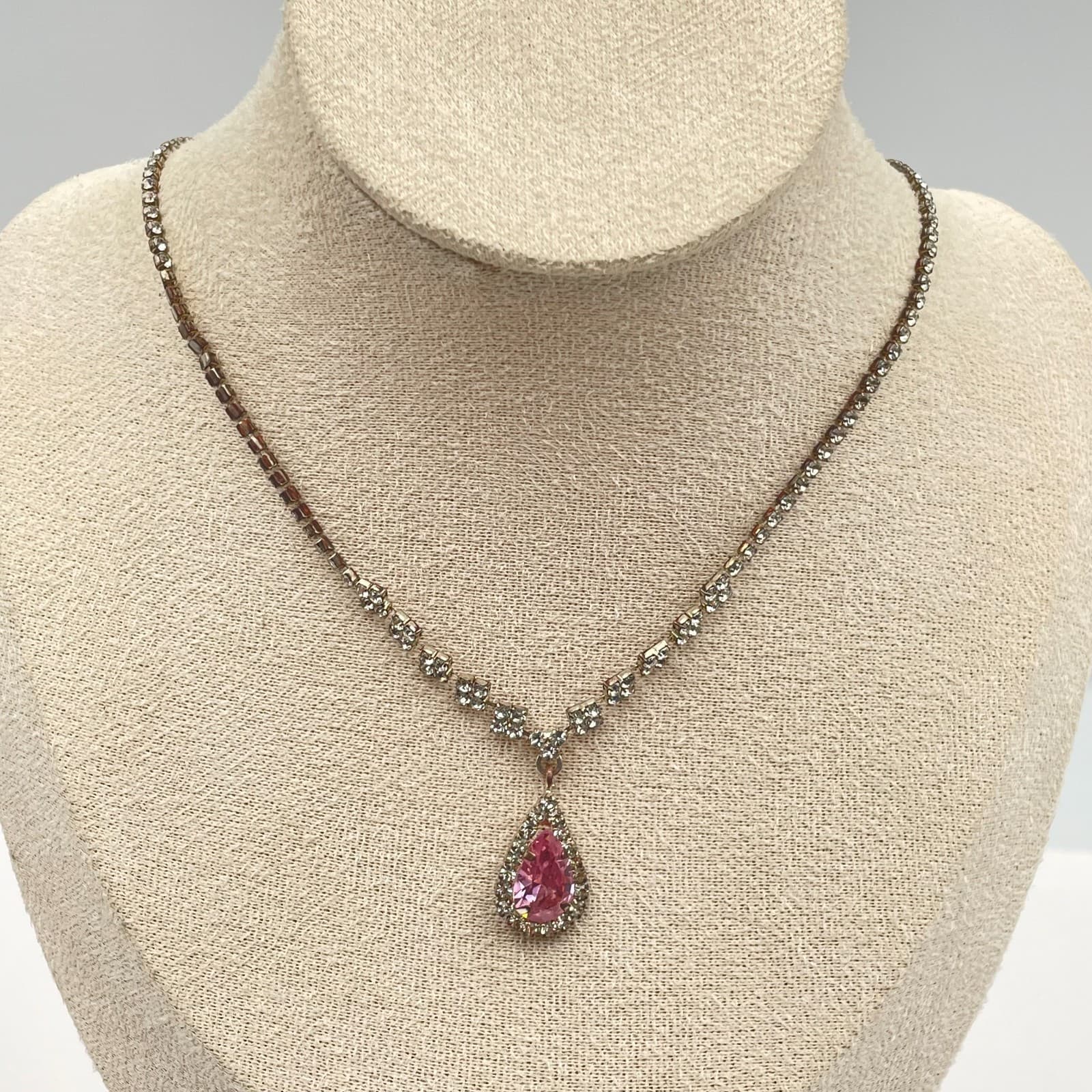 Vintage 90s SilverTone Pink Pear Glass Pendant Necklace Rhinestone Chain Jewelry - Thumbnail 2