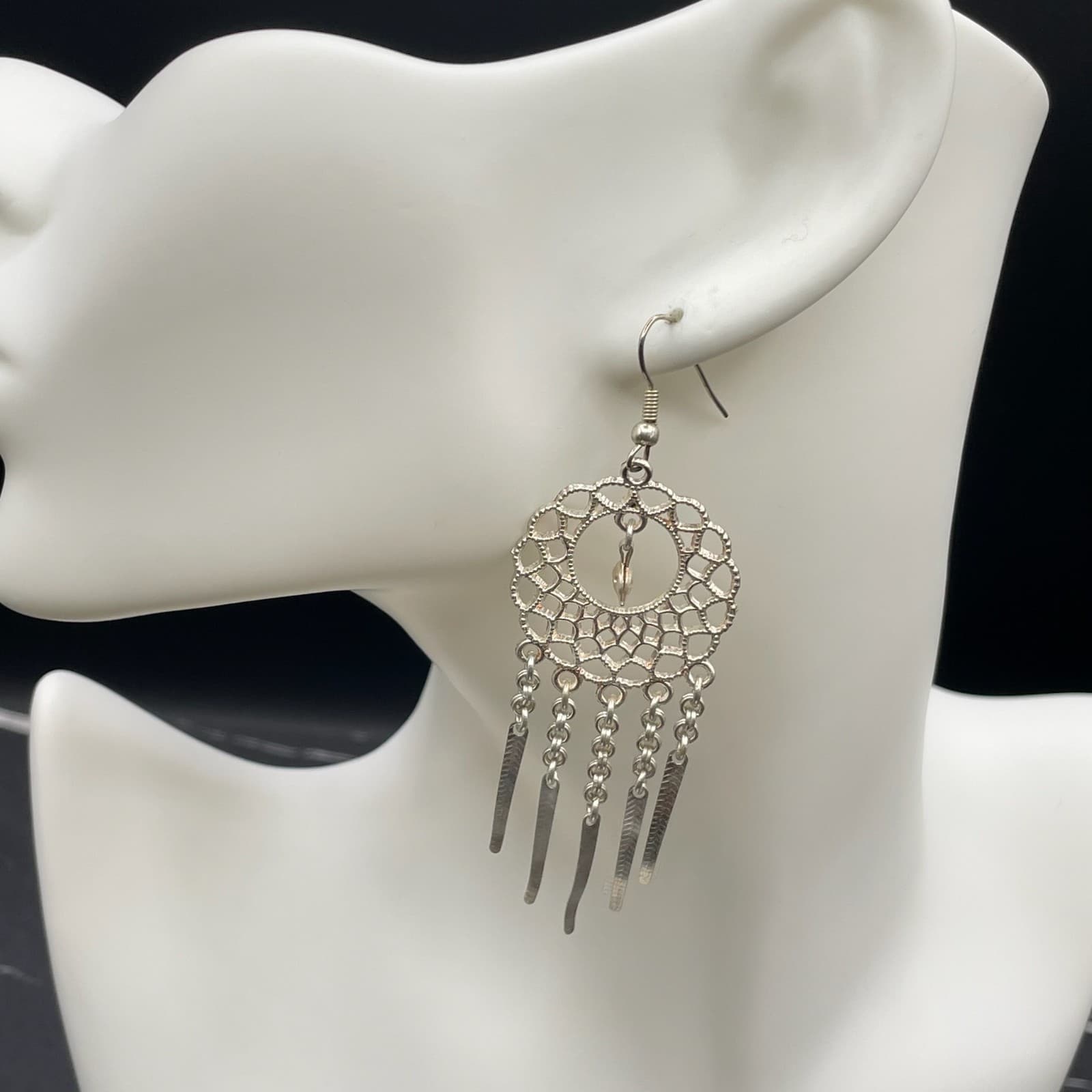 Vintage Silver-Tone Spike Tassel Dolphin Dangle Chandelier French Wire Earrings - Image 1