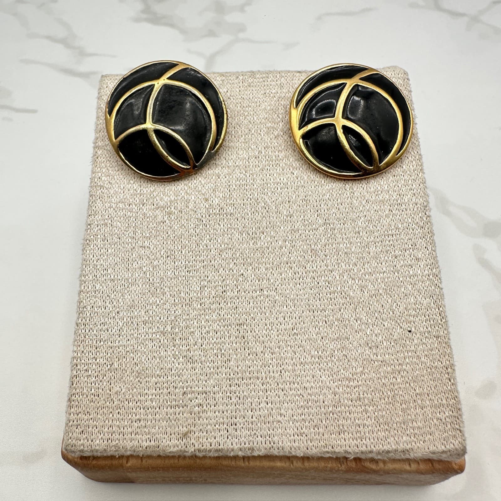 Vintage Monet Gold-Tone Classic Art Deco Fashion Graphic Enamel Clip-On Earrings - Image 1