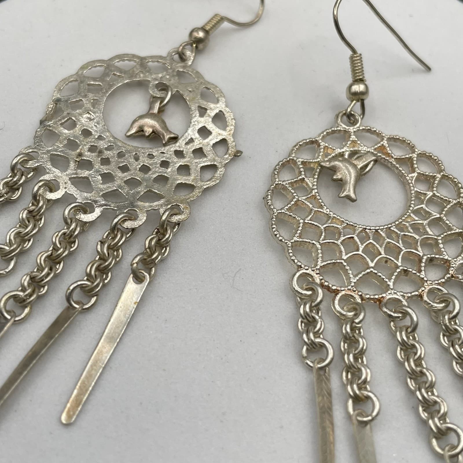 Vintage Silver-Tone Spike Tassel Dolphin Dangle Chandelier French Wire Earrings - Thumbnail 3