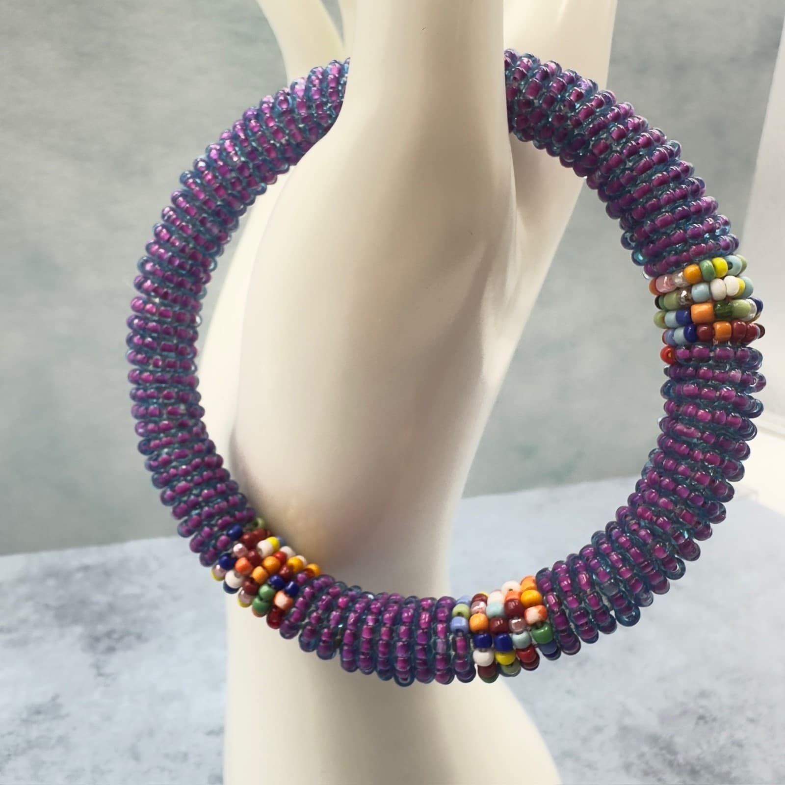 Purple Beaded Rope Bracelet w/ Multi-Color Accents Boho Artisan Style - Thumbnail 3