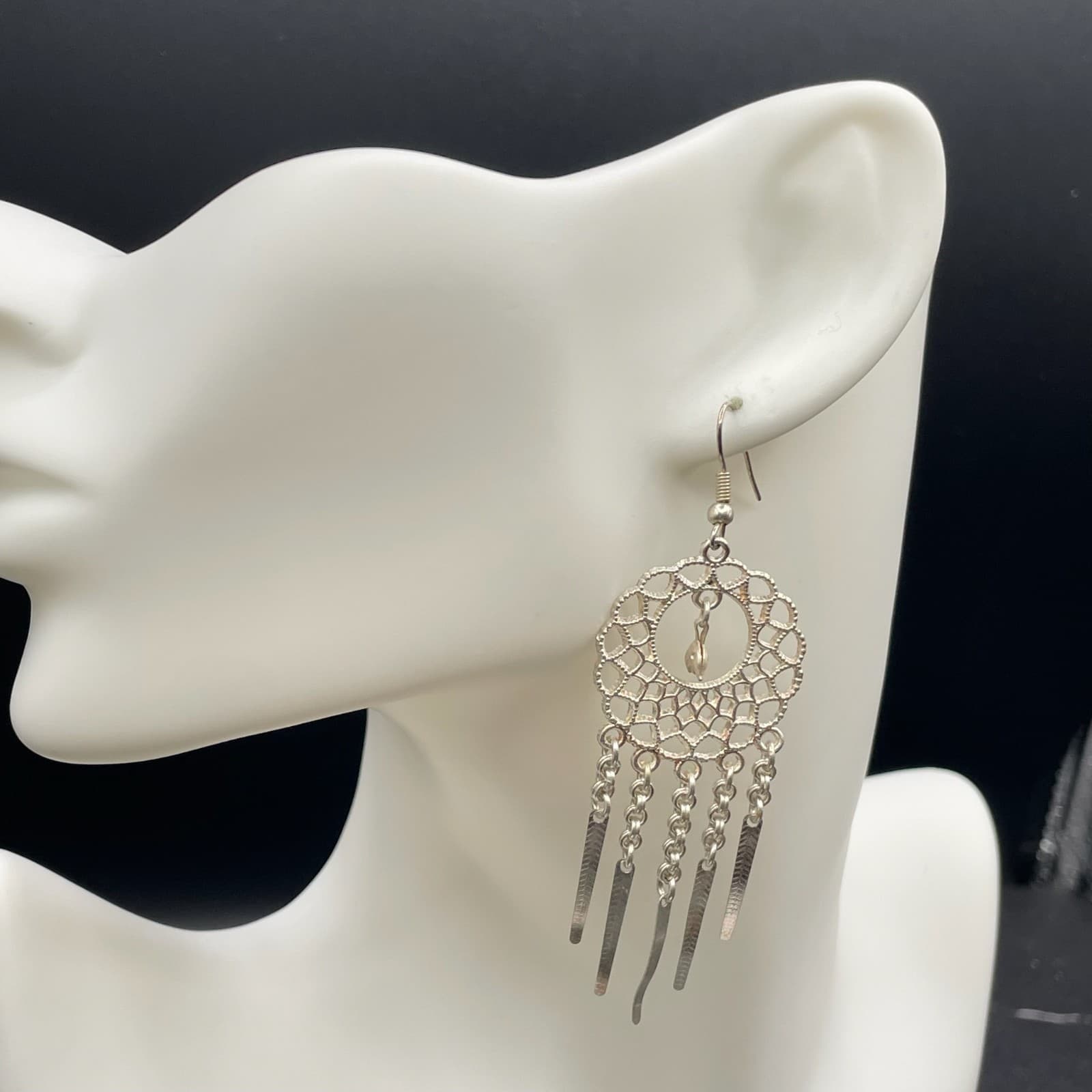 Vintage Silver-Tone Spike Tassel Dolphin Dangle Chandelier French Wire Earrings - Thumbnail 6