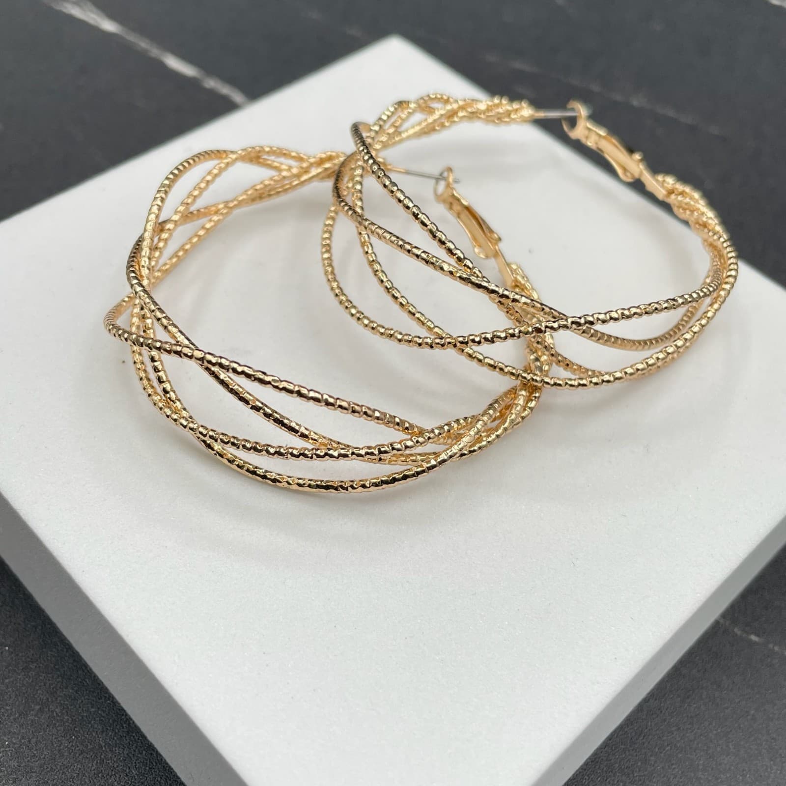 Contemporary Gold-Tone Textured Coral Snake Wire Basket Weave Hoop Earrings - Thumbnail 4