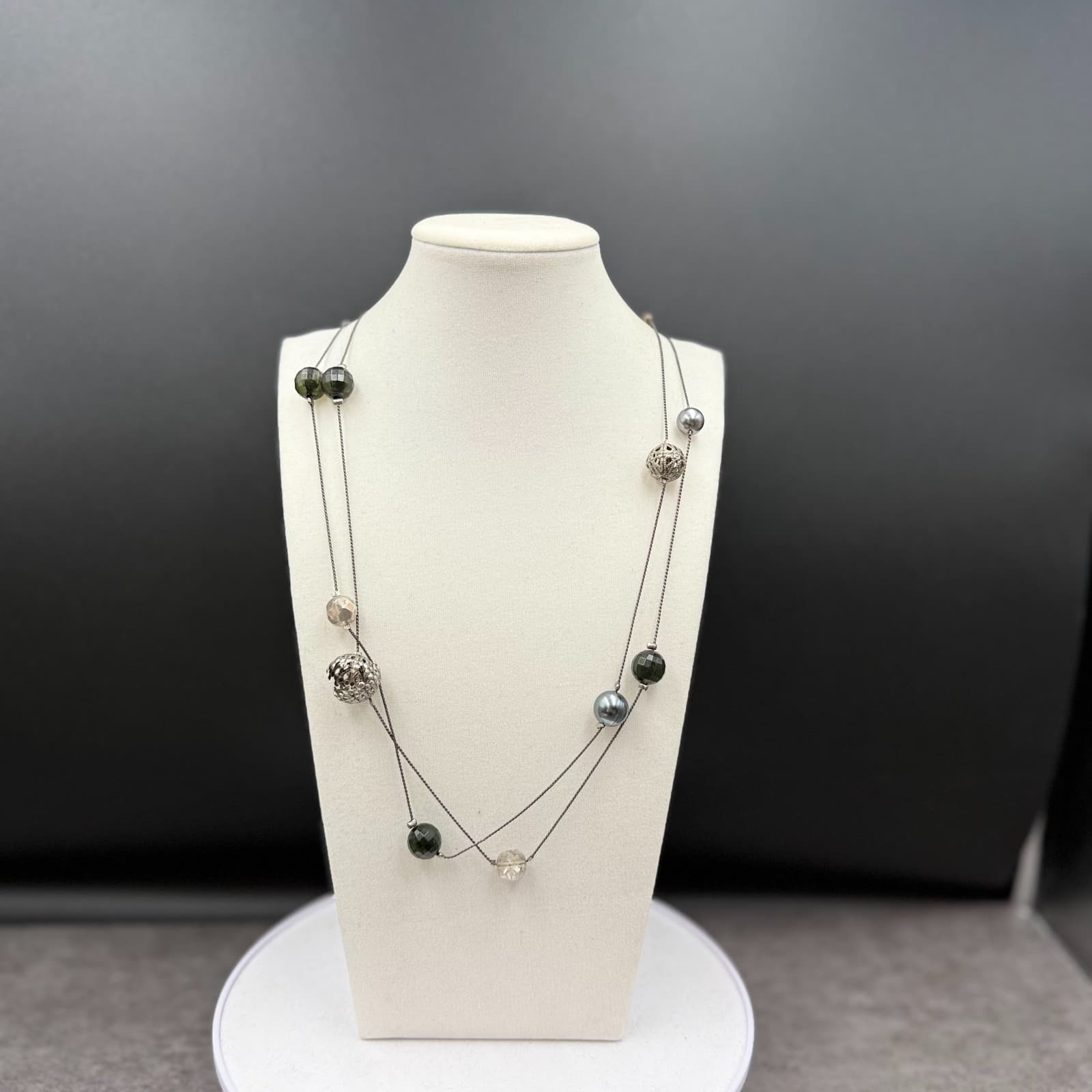 Vintage Silver Multi-Bead Wire Necklace Layered Modernist Statement - Image 1