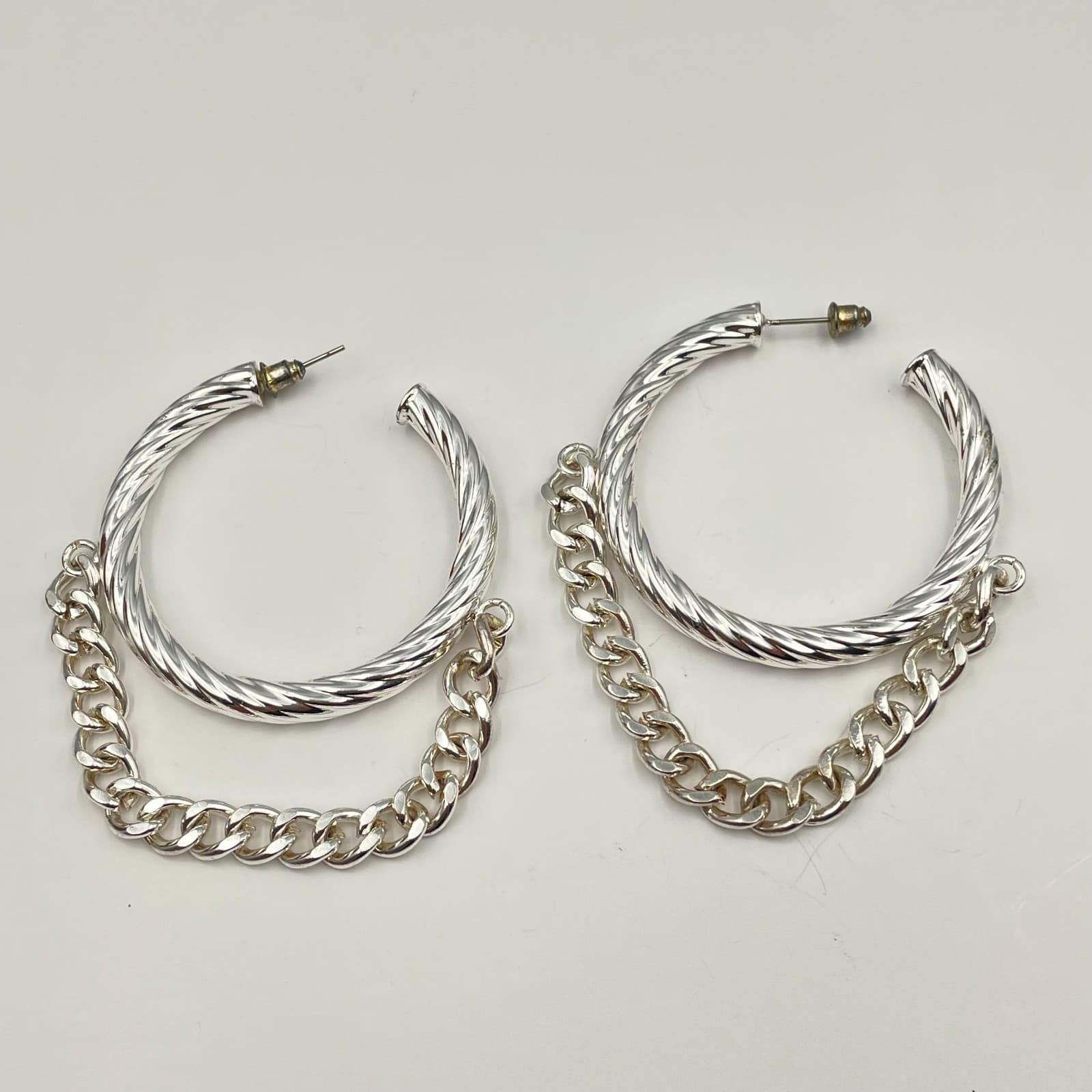 Vintage 80s Silver Tone Twisted Hoop Earrings with Curb Chain Dangle Jewelry - Image 1