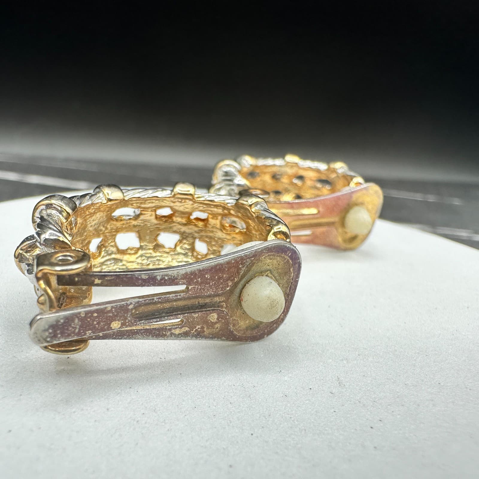 Vintage Two-Tone Gold And Silver Braided Woven Clip-On Hoop Earrings Fashionable - Thumbnail 6