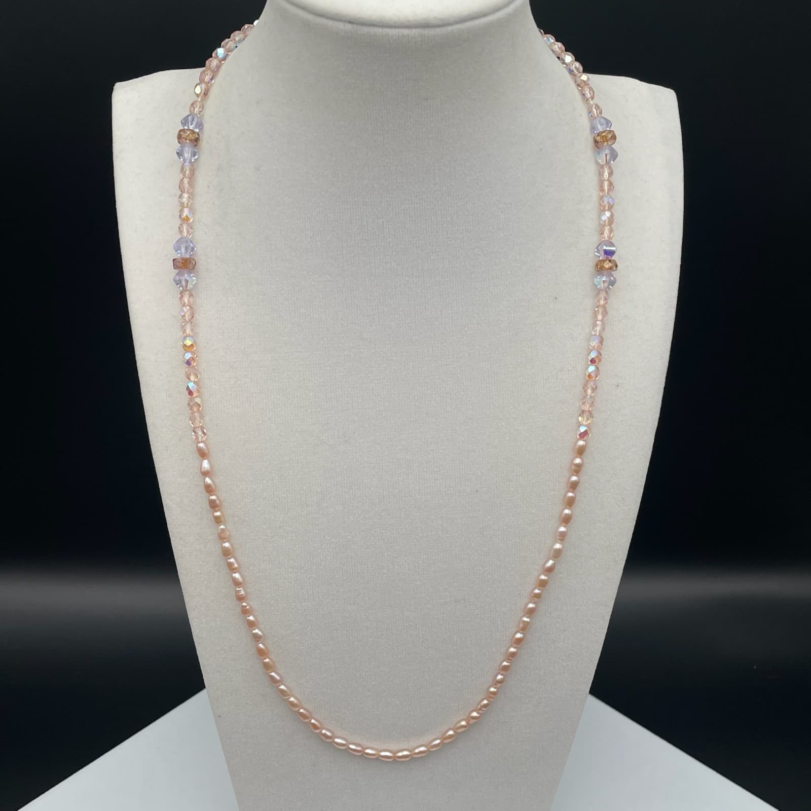 Vintage Blush Pink Baroque Pearl Necklace Glass Faceted Crystal Long Strand - Image 1