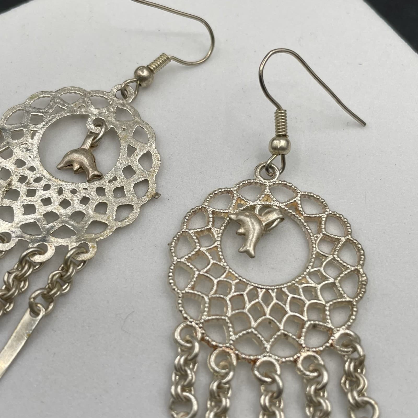 Vintage Silver-Tone Spike Tassel Dolphin Dangle Chandelier French Wire Earrings - Thumbnail 5