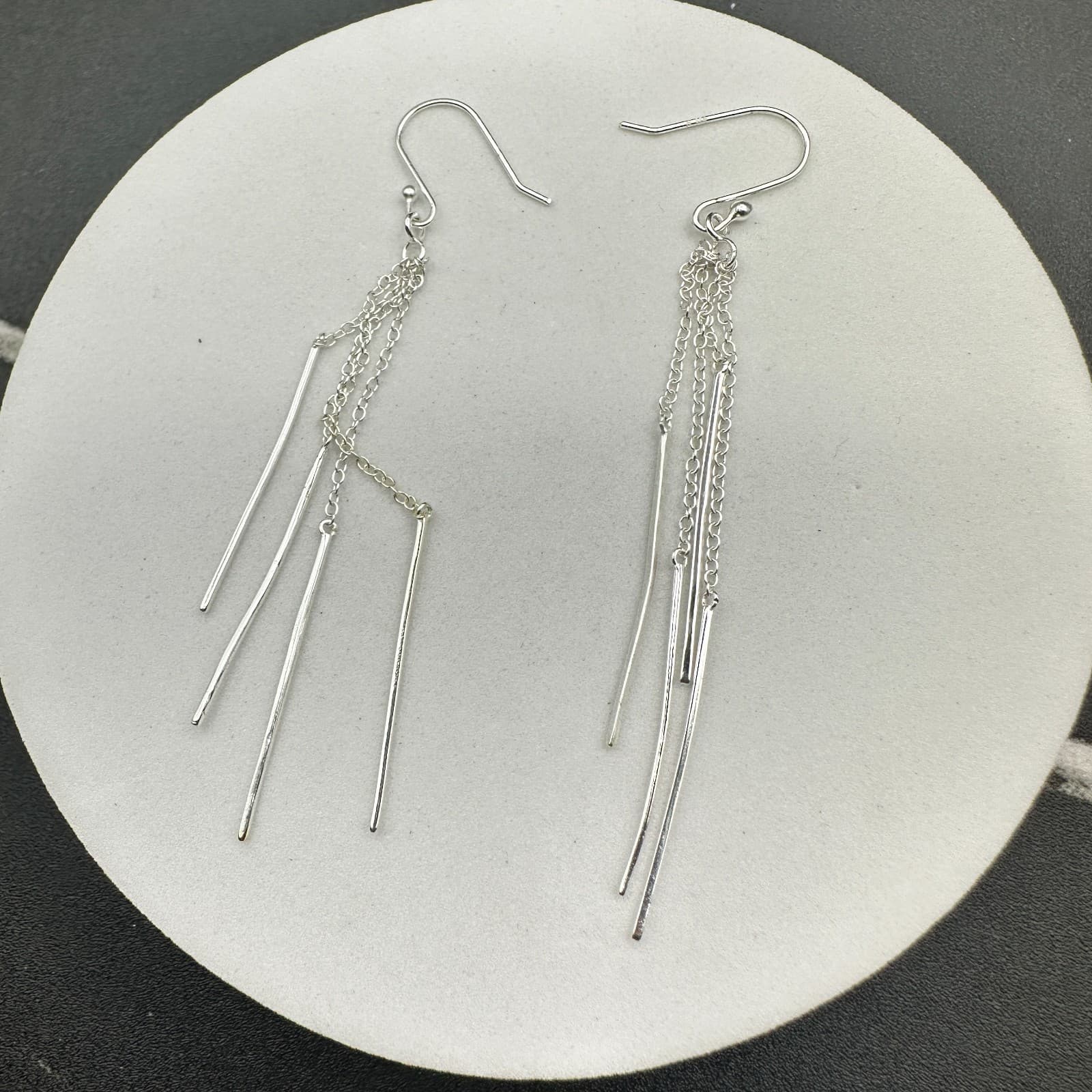 VTG Silver Tone Multi Strand Chain Bar Dangle Earrings Long Drop Modern - Thumbnail 9