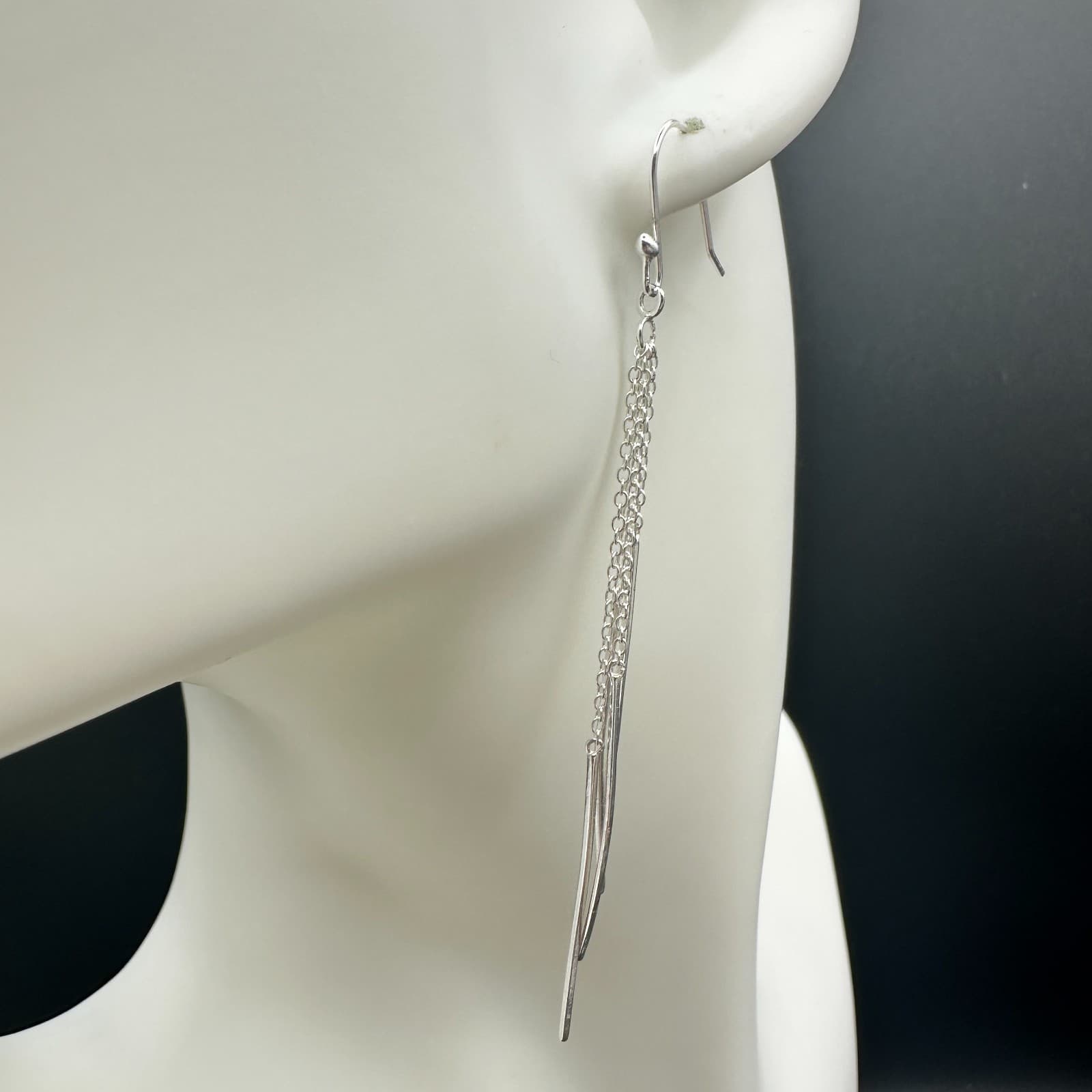 VTG Silver Tone Multi Strand Chain Bar Dangle Earrings Long Drop Modern - Thumbnail 6