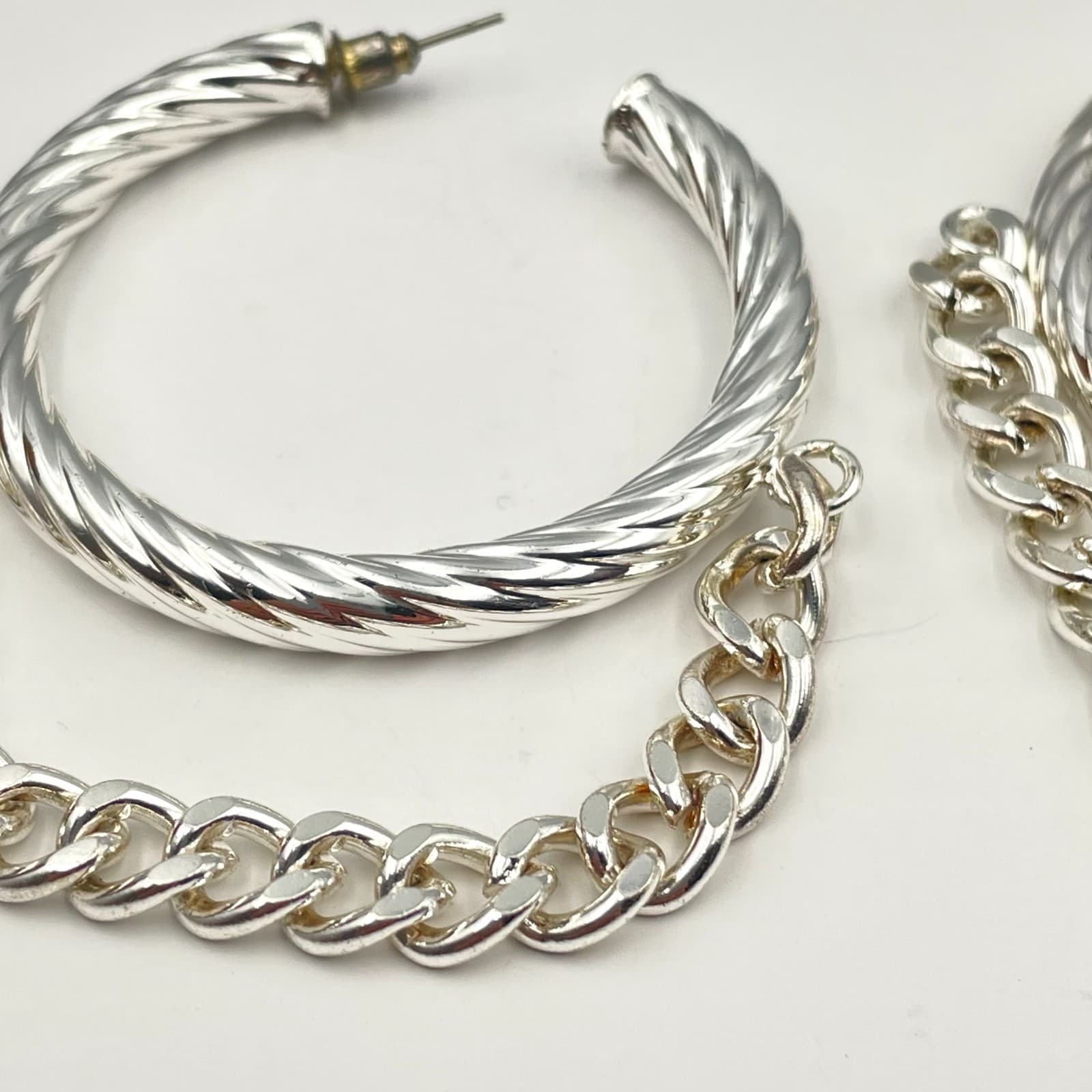Vintage 80s Silver Tone Twisted Hoop Earrings with Curb Chain Dangle Jewelry - Thumbnail 2
