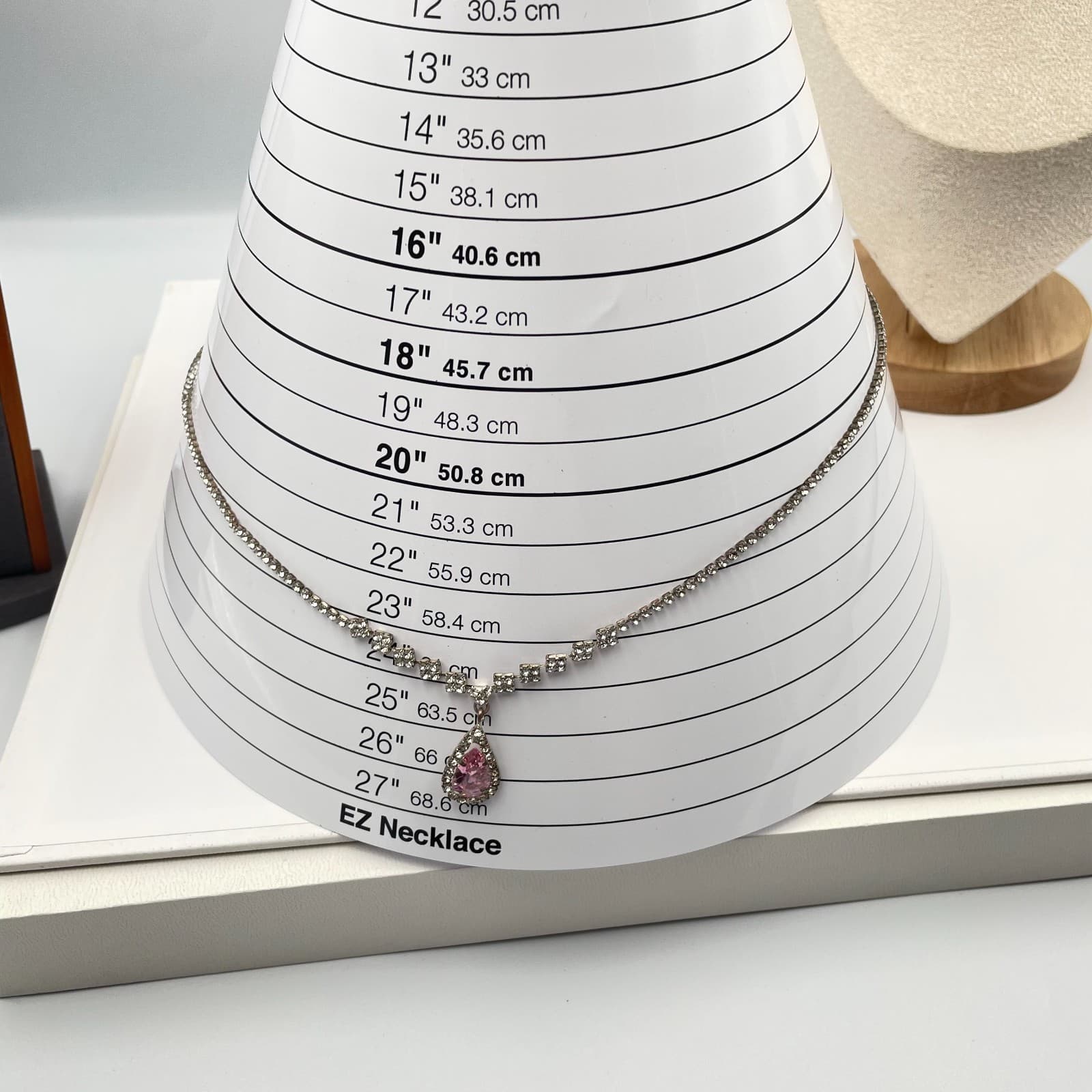 Vintage 90s SilverTone Pink Pear Glass Pendant Necklace Rhinestone Chain Jewelry - Thumbnail 8