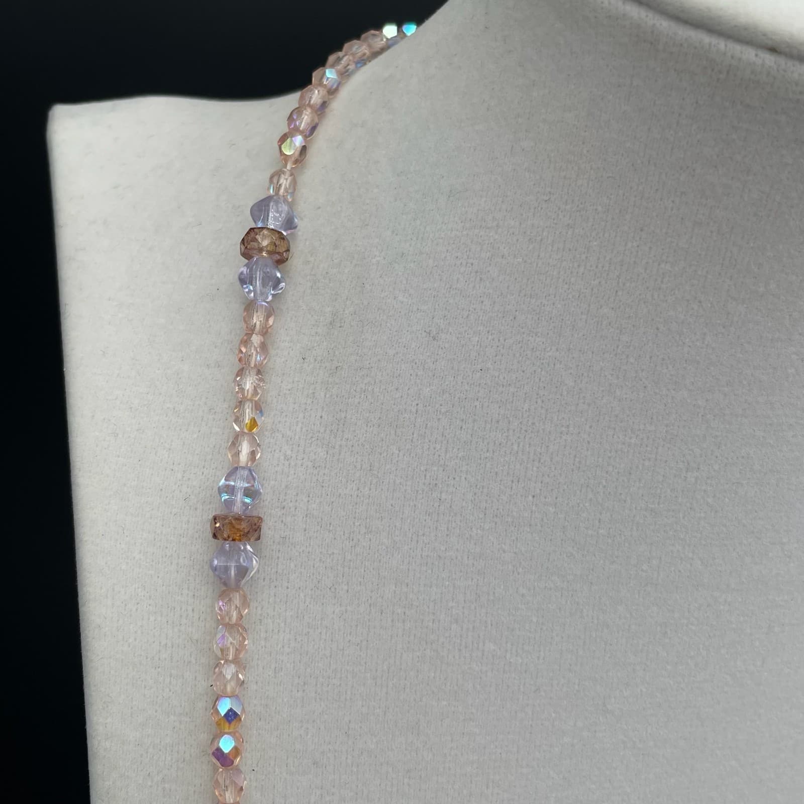 Vintage Blush Pink Baroque Pearl Necklace Glass Faceted Crystal Long Strand - Thumbnail 3