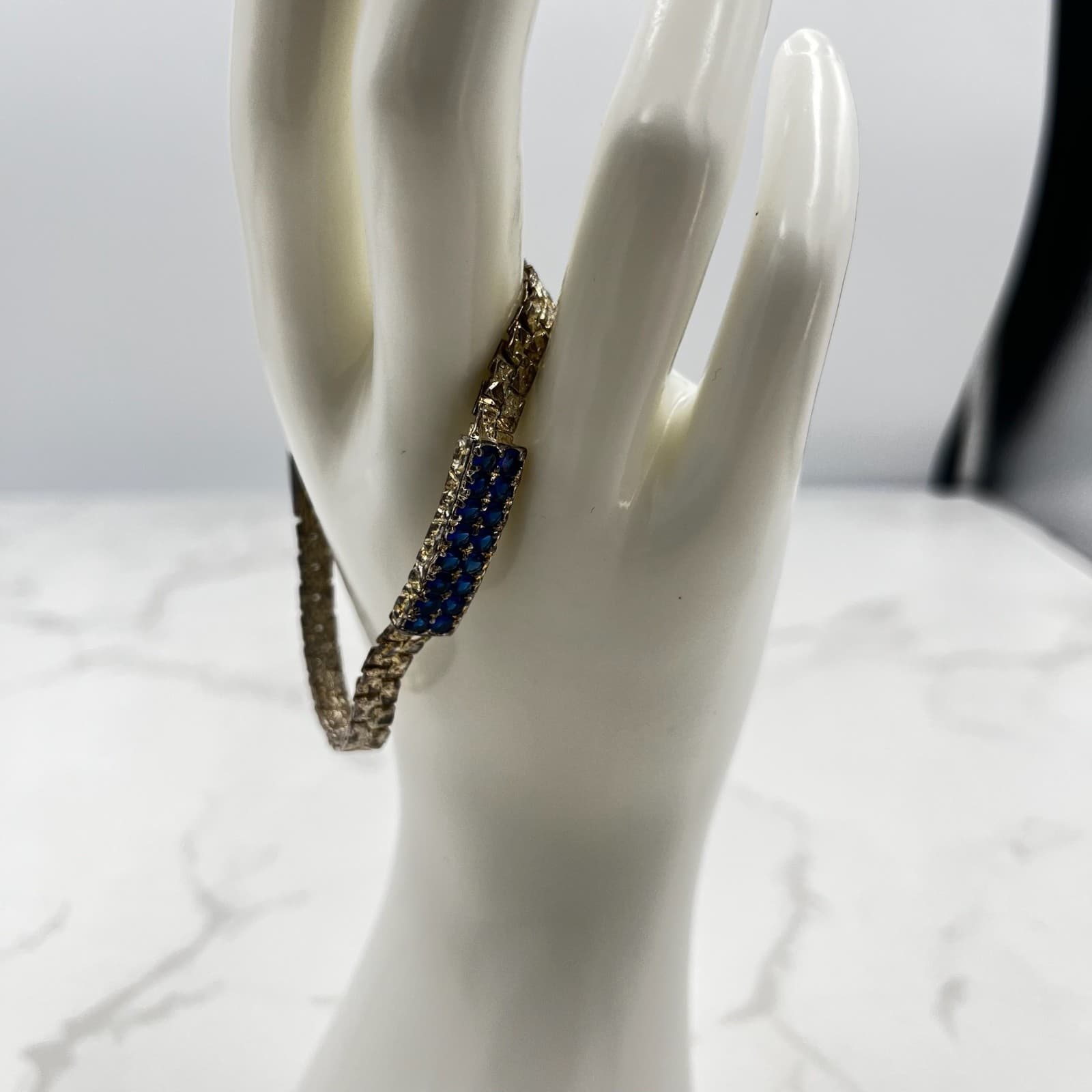 Vintage Sapphire Blue Rhinestone Bracelet – Textured Gold Tone Link 7" - Thumbnail 3