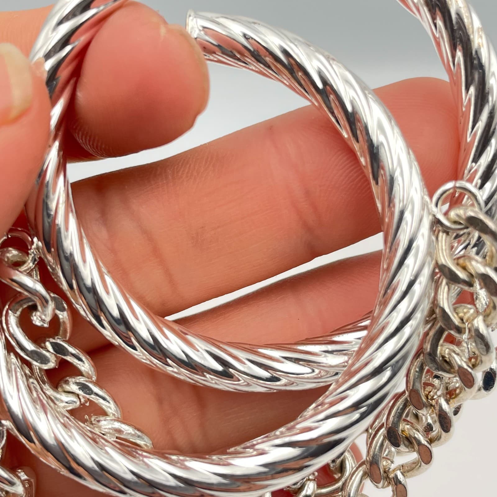 Vintage 80s Silver Tone Twisted Hoop Earrings with Curb Chain Dangle Jewelry - Thumbnail 5