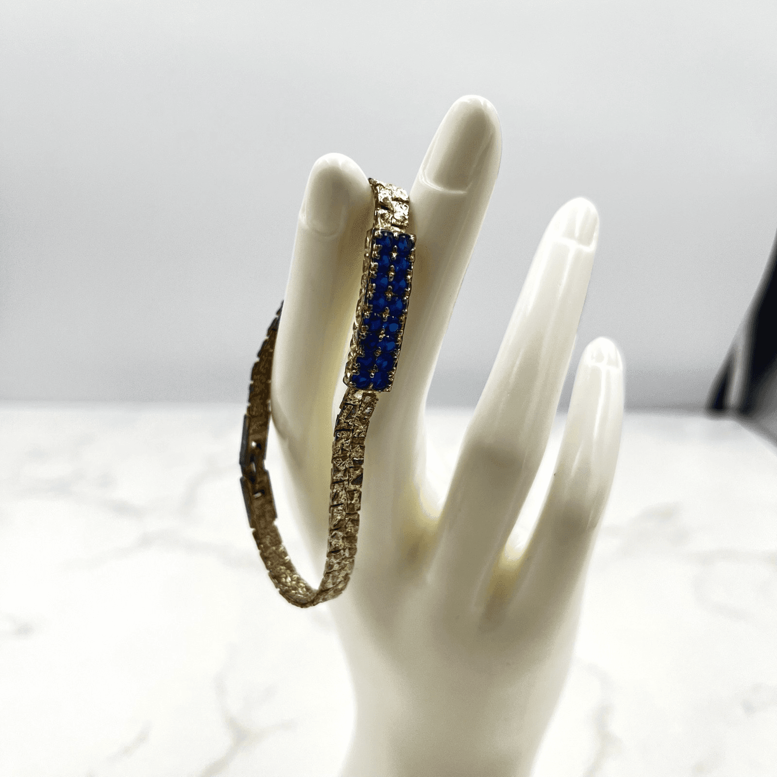 Vintage Sapphire Blue Rhinestone Bracelet – Textured Gold Tone Link 7" - Thumbnail 2