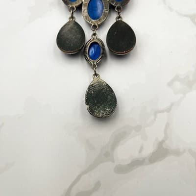 Vintage Bold Blue Statement Necklace – Faux Turquoise Cabochons on Gunmetal - Thumbnail 14