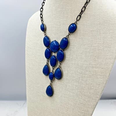 Vintage Bold Blue Statement Necklace – Faux Turquoise Cabochons on Gunmetal - Thumbnail 5
